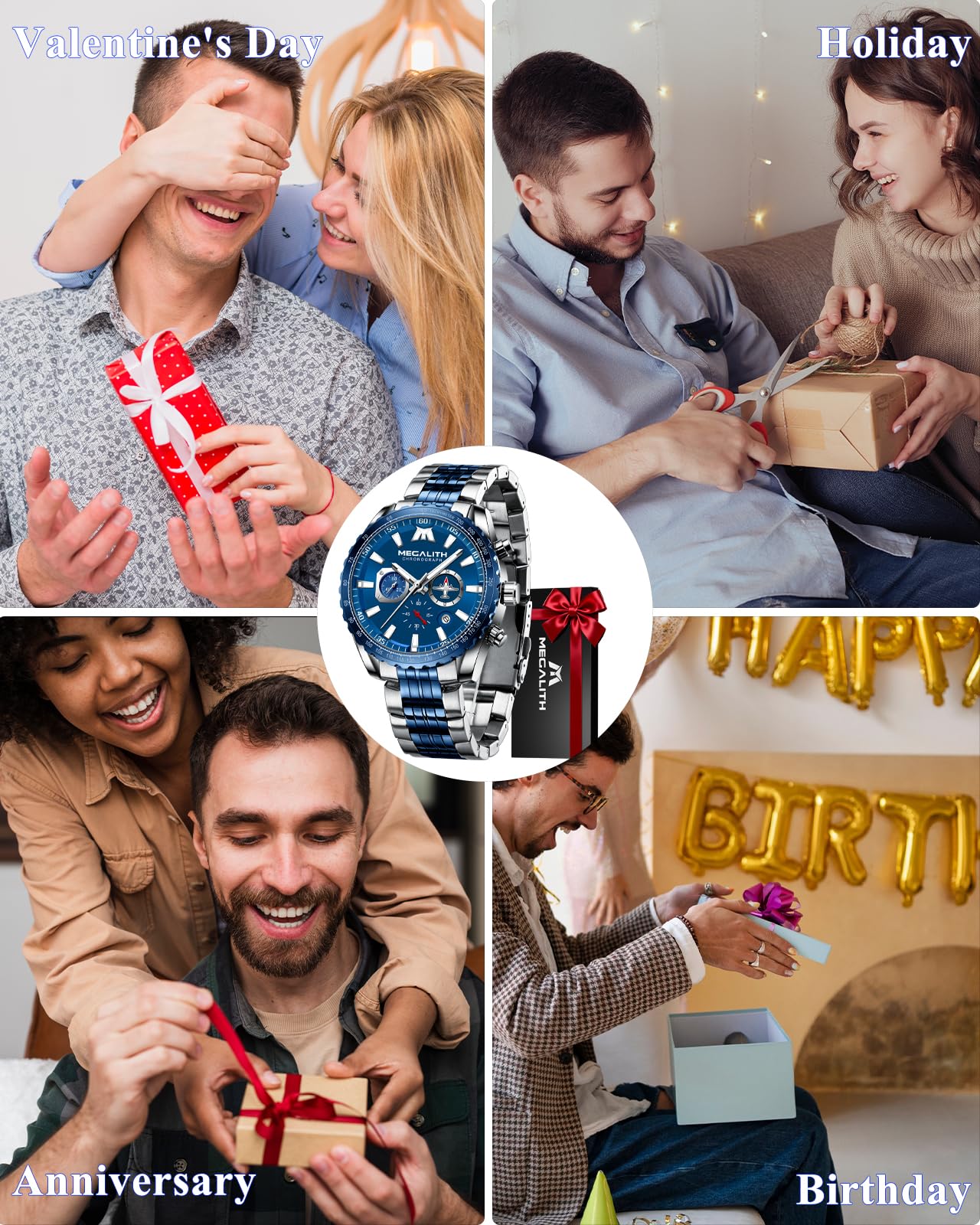 MEGALITH Montre Homme Acier Chronographe Quartz Grand Cadran Montres Bracelets Etanche Lumineuses Date - Cadeaux pour Hommes