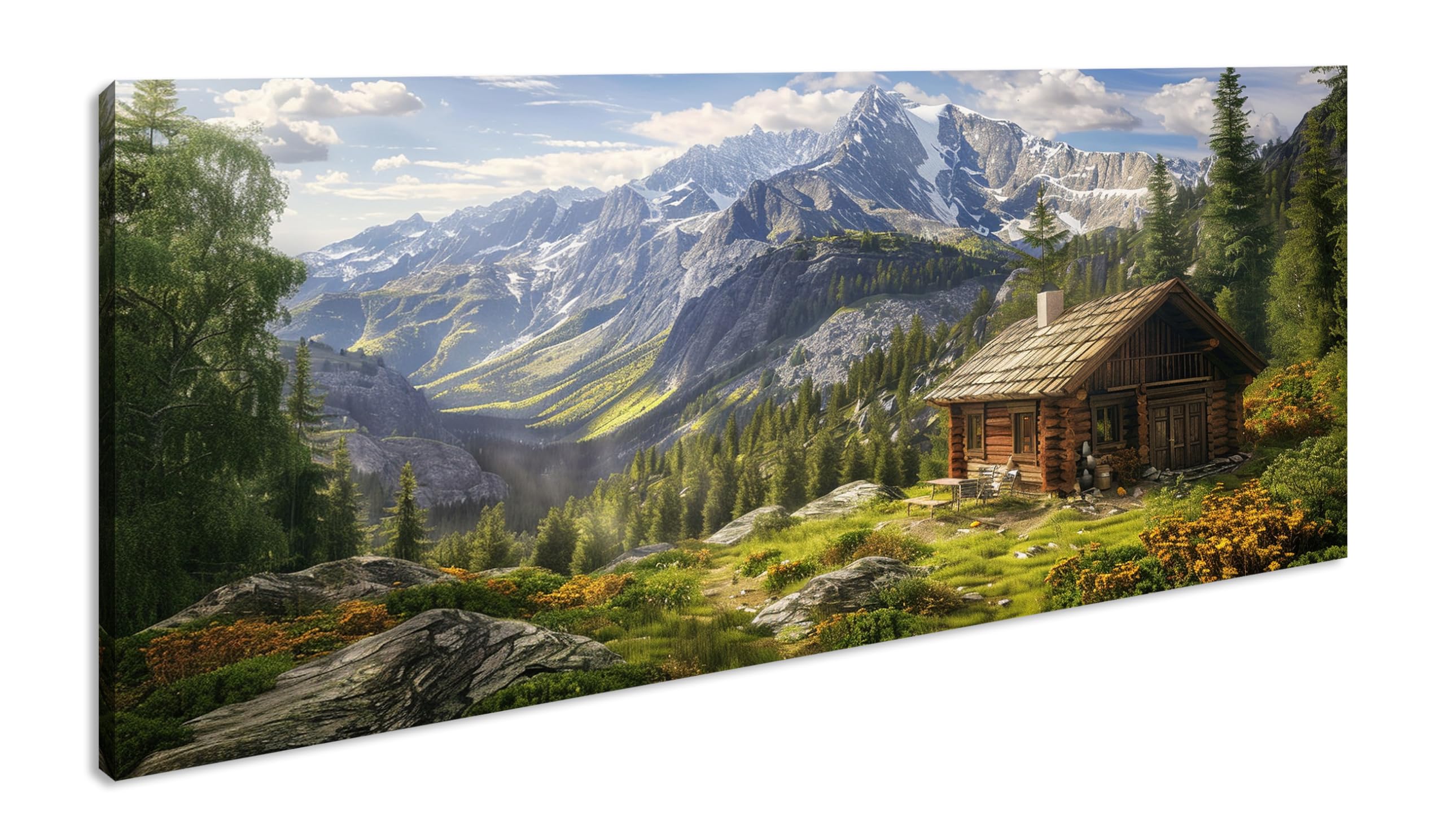 Berghütte mit Panorama, umgeben von majestätischen Bergen Panorama 120x60cm XXL Kunstdruck Motiv auf Holzrahmen/Leinwandbild/Wandbild/Wohnzimmer Dekoration