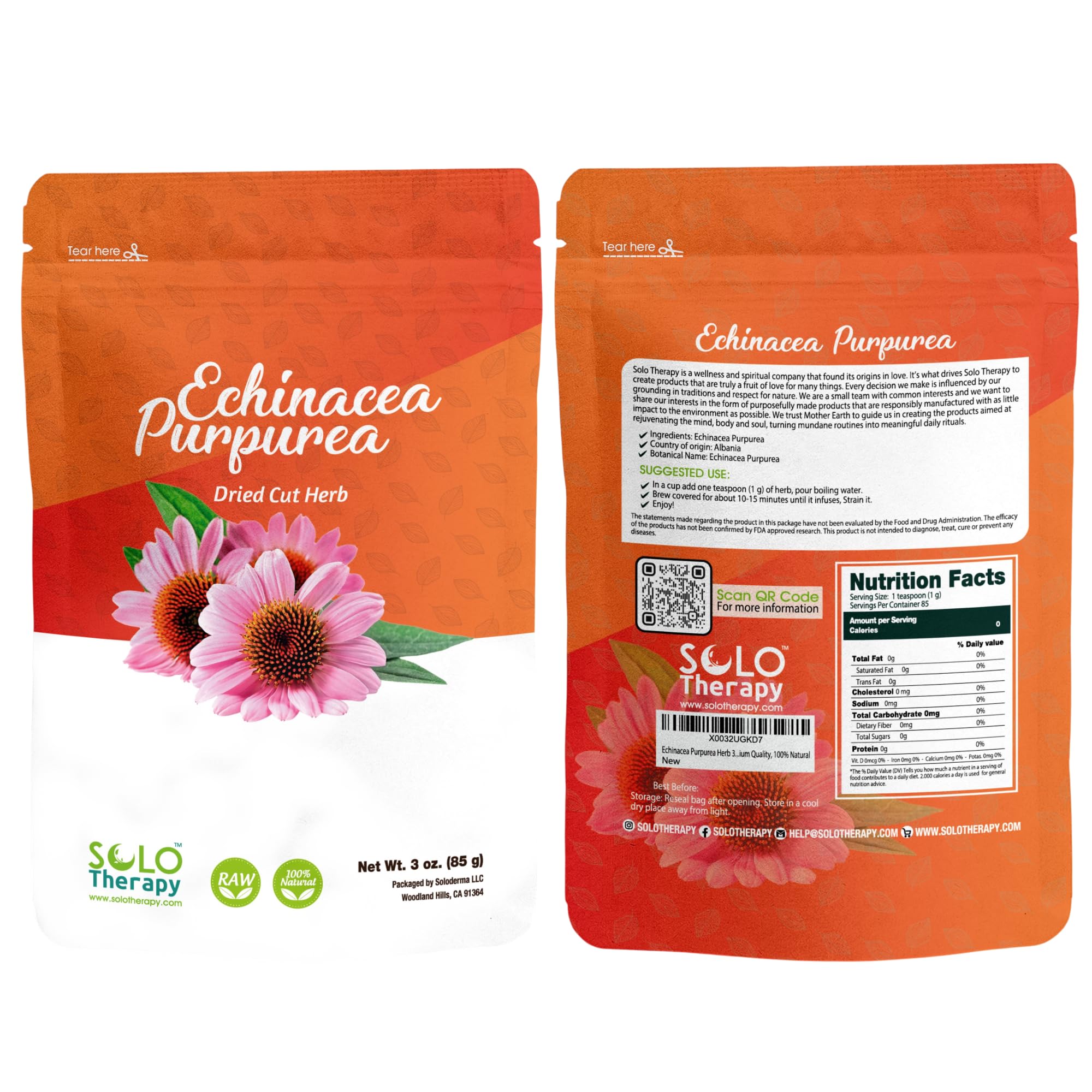 Echinacea Purpurea Herb 3 oz, Echinacea Purpurea Herb Tea, Dried Cut Herb, Resealable Bag, Premium Quality, 100% Natural