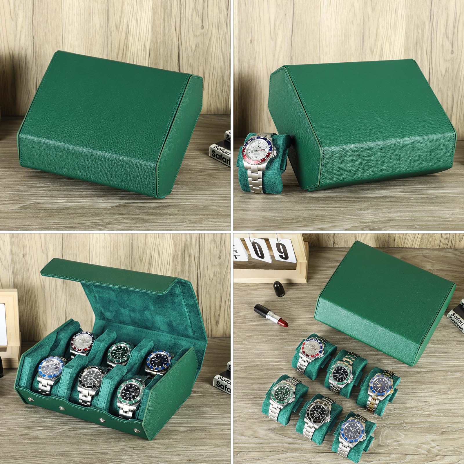 Custodia esagonale per orologi Hiram in vera pelle Saffiano, scatola porta orologi per 6 orologi, custodia protettiva in pelle a 6 scomparti per orologi, organizer per orologi da uomo (verde)
