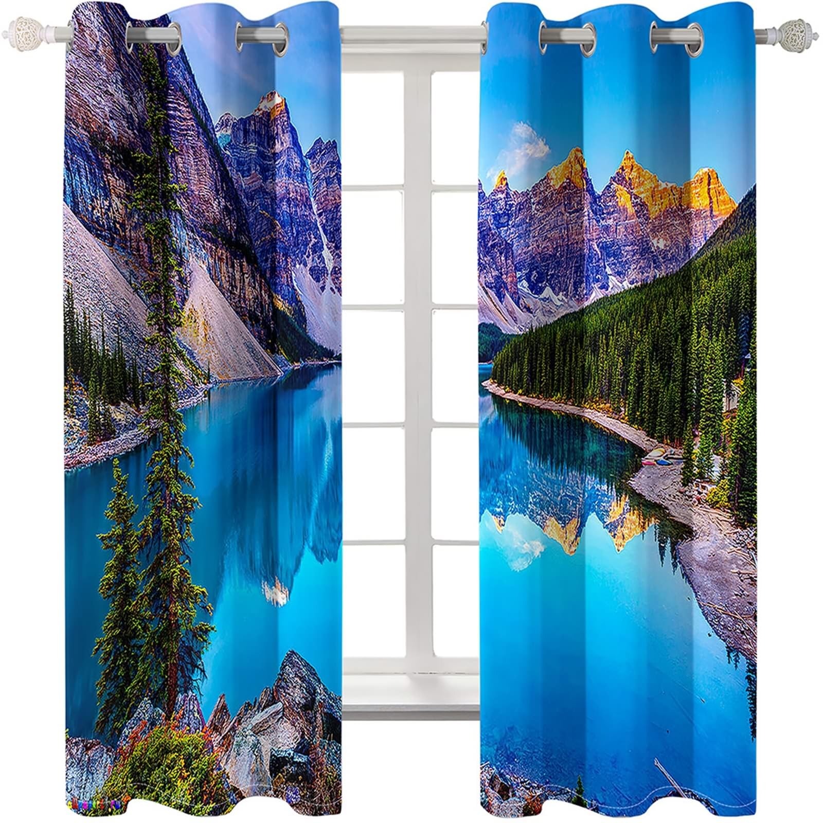 Gualiy Thermo Vorhänge 2er Set Ösen, Vorhänge Blickdicht 86x138 Berge See und Wald Vorhang Schlafzimmer Verdunkelung