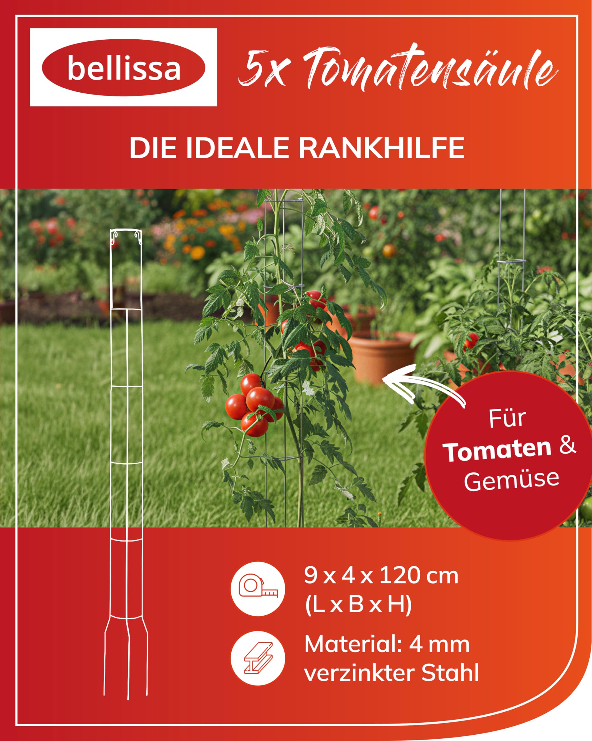 Bellissa Lot de 5 tours à tomates – Support pour tomates et concombres – Support pour planter des légumes – Ø 9 cm, hauteur 160 cm