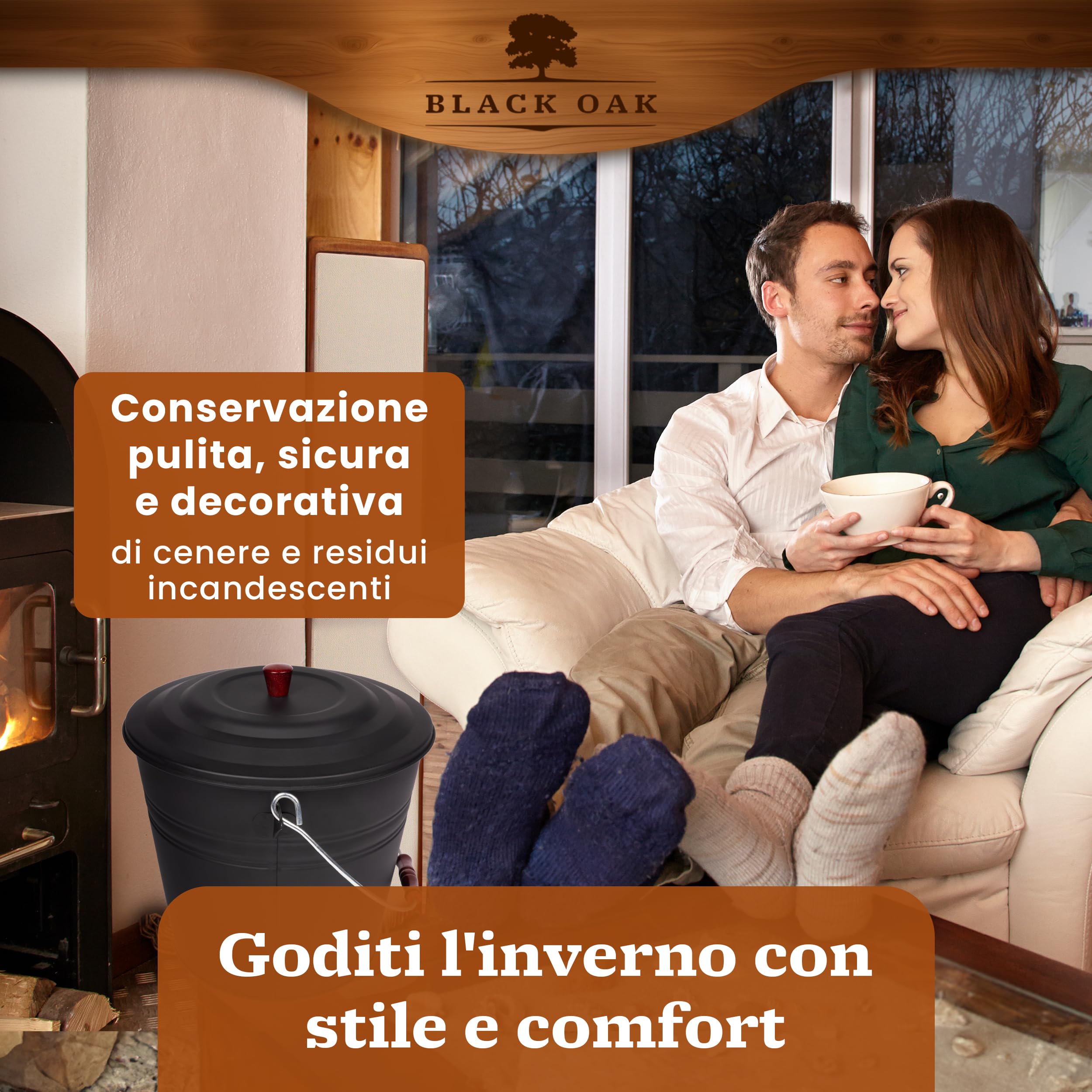 BLACK OAK Katla - Secchio per cenere da 15 l, con coperchio grande, 15 litri, in acciaio zincato a prova di fuoco, verniciato a polvere, cenere e carbone, accessorio ideale per stufa a legna