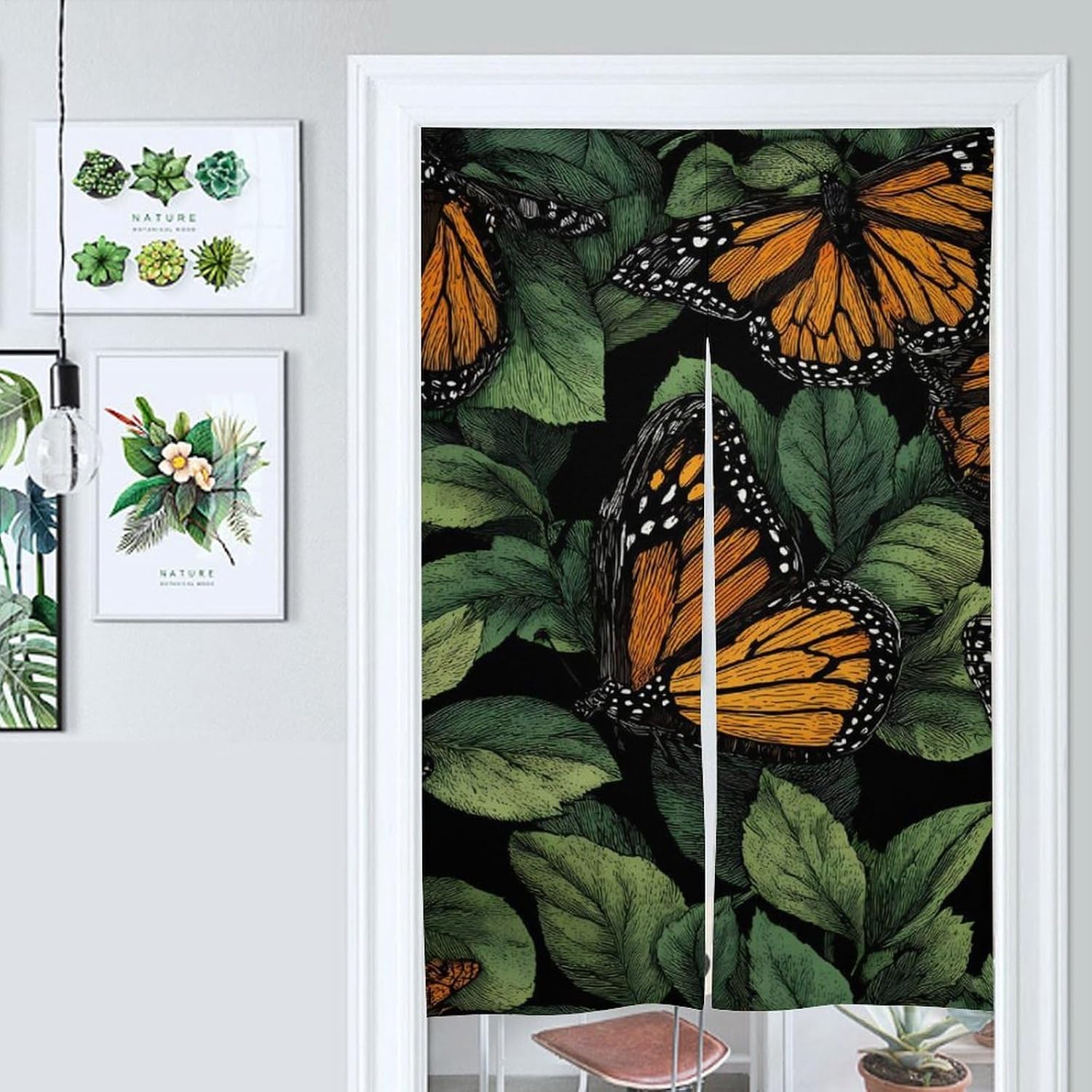 Monarch Butterflies Green Leaves Doorway Curtain Insulated Room Divider Drapes