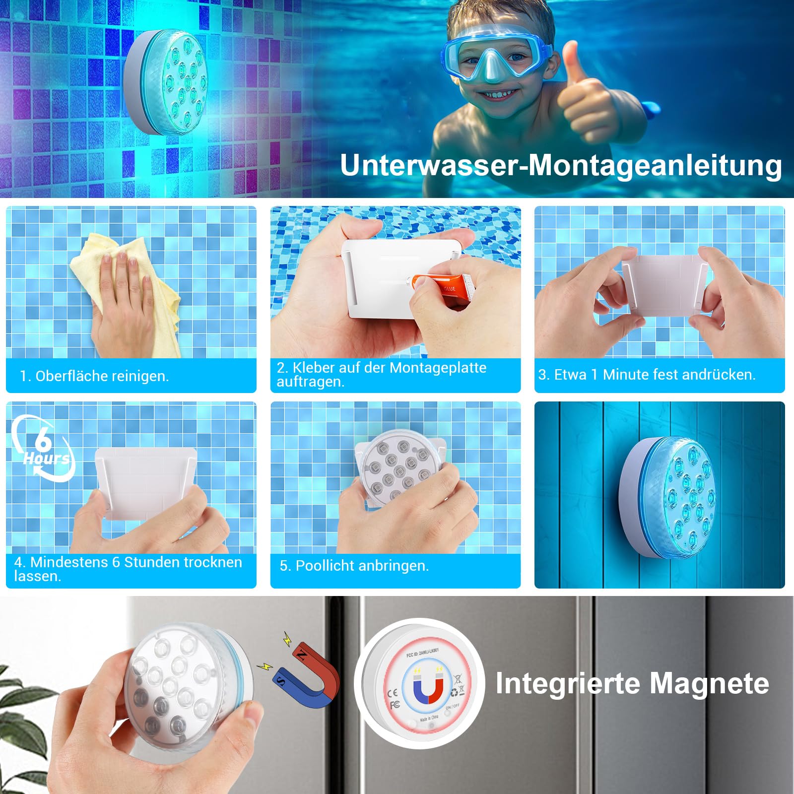 Poolbeleuchtung Unterwasser Licht Pool Magnetisch LED Poollicht mit Fernbedienung IP68 LED Wasserdicht für Pool Teich Aquarium Beleuchtung, 4 Stück