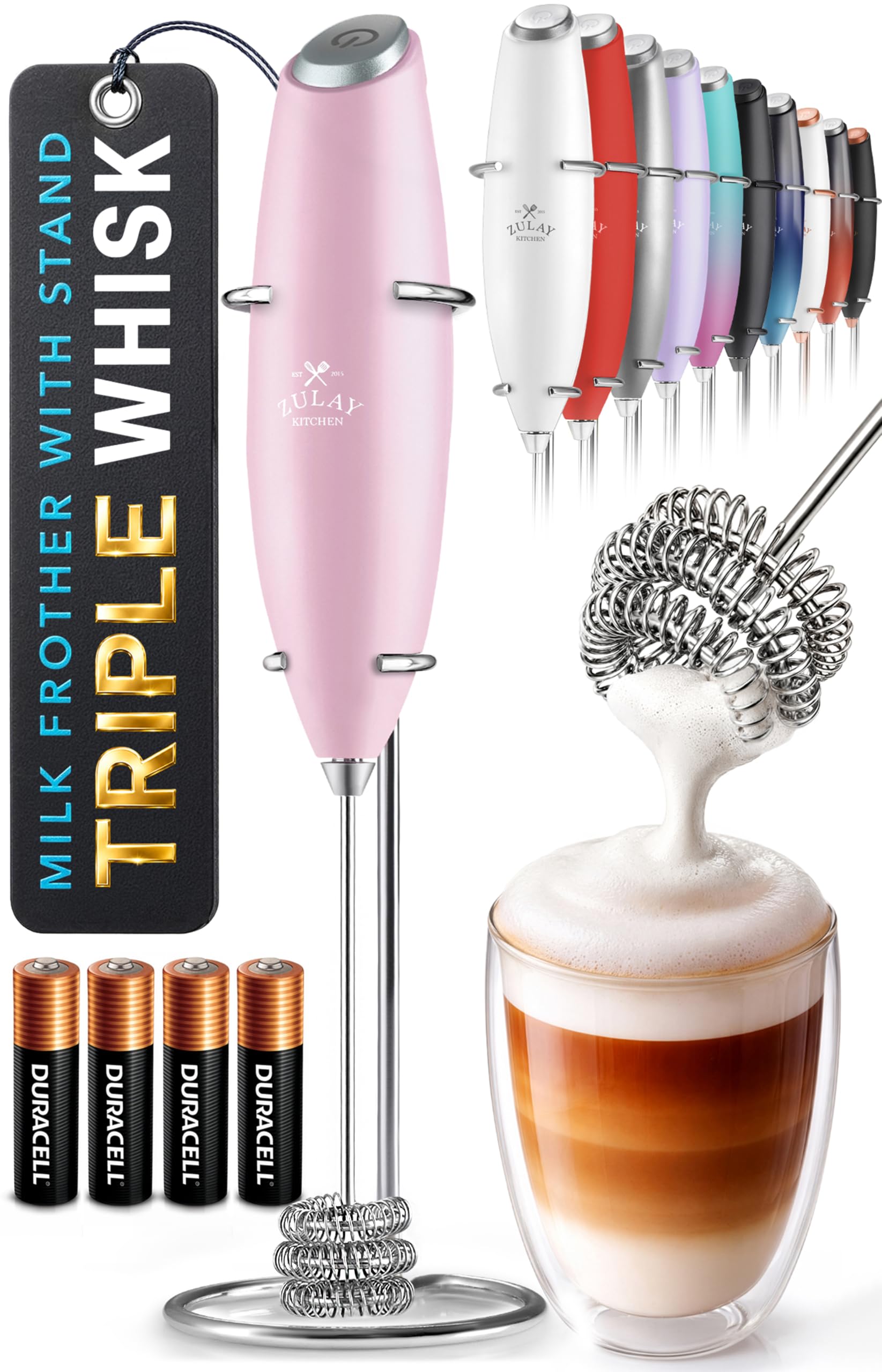 Zulay Kitchen Powerful Milk Frother Wand With Duracell Batteries - Ultra Fast Handheld Drink Mixer - Electric Whisk Foam Maker for Coffee, Lattes, Cappuccino &amp; Matcha - Triple Whisk - Mint Candy