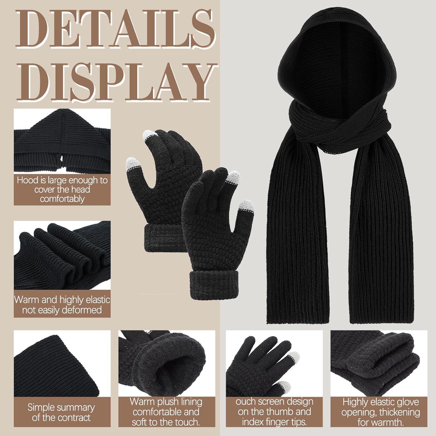 Chuarry 2 Pcs Winter Knitted Hooded Scarf and Gloves Set for Women, 3 in 1 Hat Scarf Wrap Shawl and Warm Touch Screen Texting Gloves for Men Women Winter Balaclava, Black - Image 3