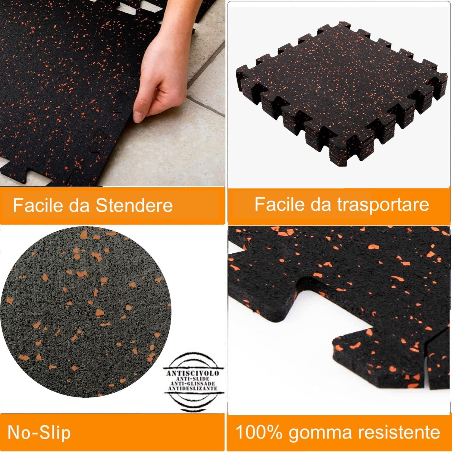 Tappeto Palestra 100% GOMMA alta densità (NO SCHIUMA EVA) Fitness Ginnastica Pavimento Puzzle Protettivo Incastro Tatami Sport Materassino Mattonella Home Gym Manubri (4 Pannelli 50x50 cm)