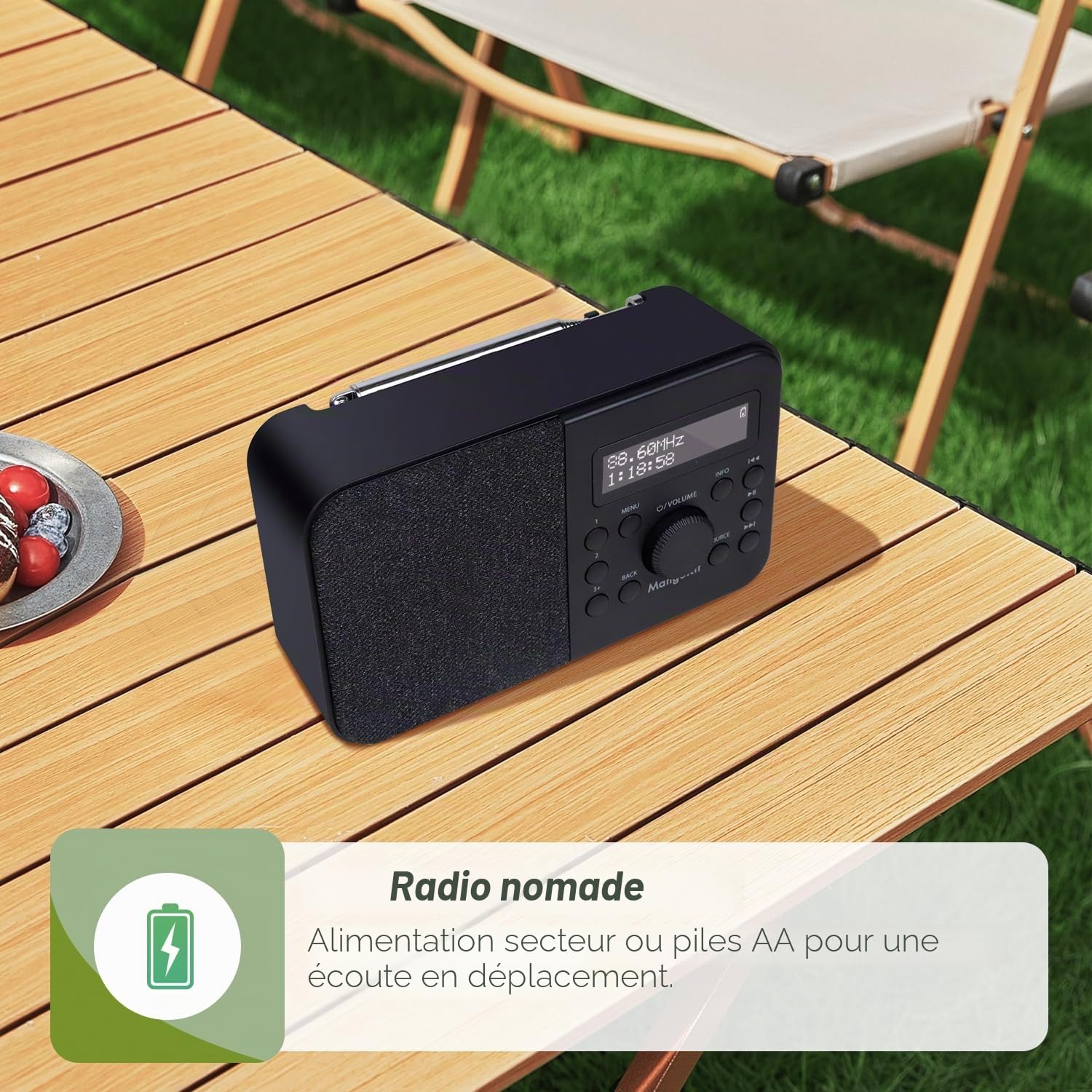 Radio Numérique DAB Portable FM Bluetooth avec Écran, Réveil, 40 Stations Préréglées - Noir