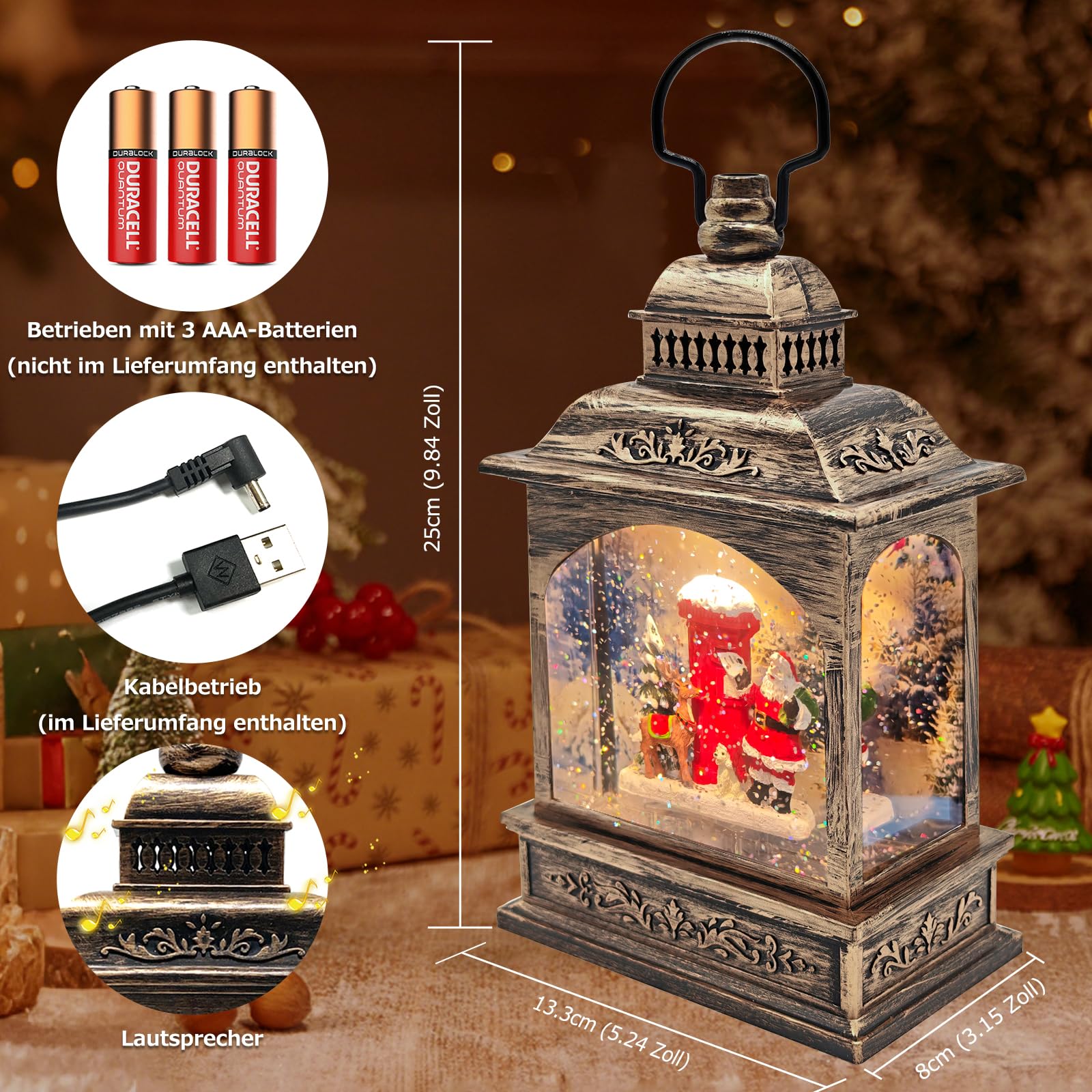 Weihnachts Schneekugel Laterne mit Zeitschaltuhr, Beleuchtete USB/batteriebetriebene Wirbelnde Singende Wasserlaterne mit Projektion, Schneekugel Laterne für Erwachsene Kinder, Weihnachtsdekoration