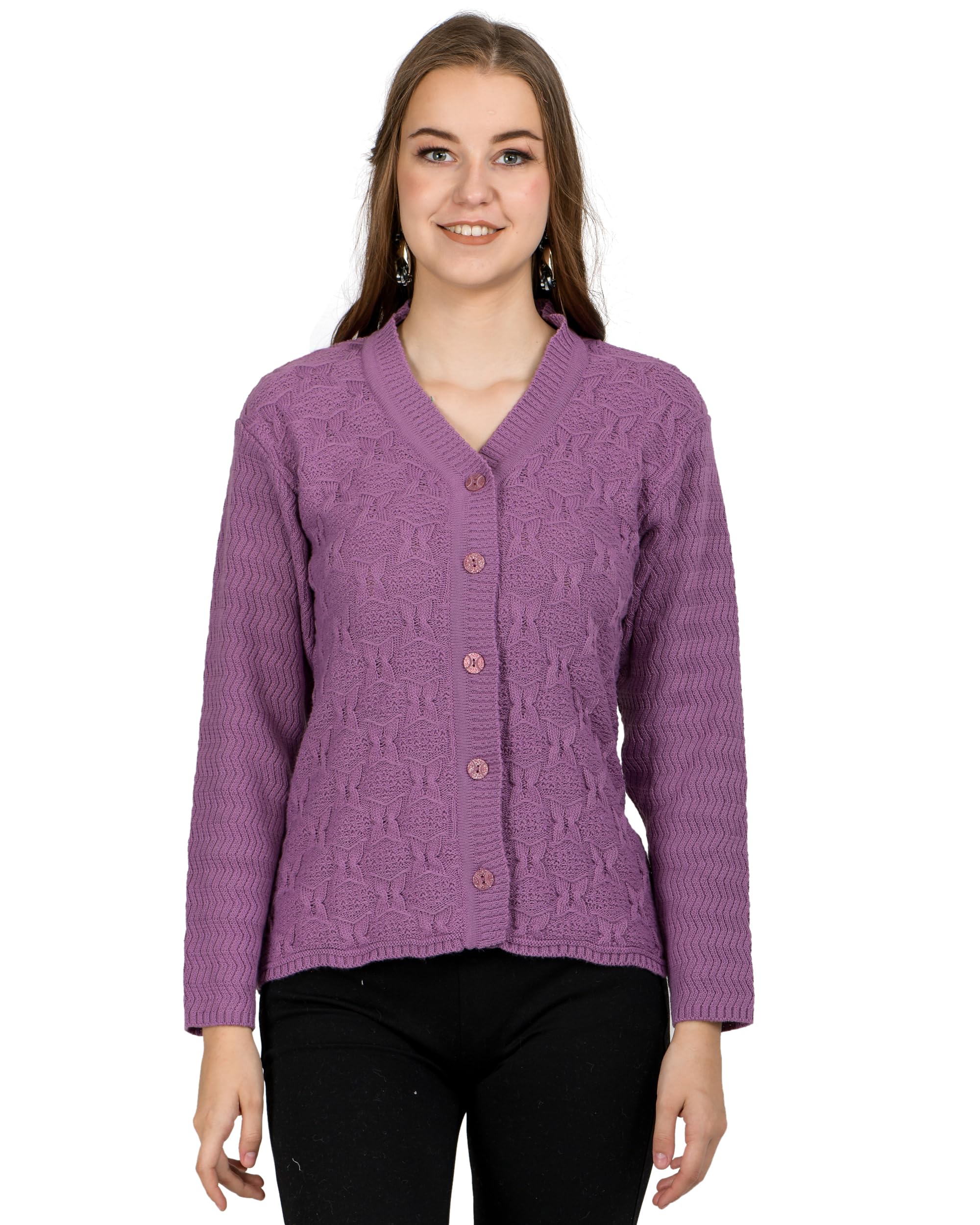 Lady Willington Women Woolen V-Neck Self Design Cardigan Heavy Daffodil  Fabric Cardigan Winter Wear Pure Wool Cardigans for Women Sweaters Long  Cotty