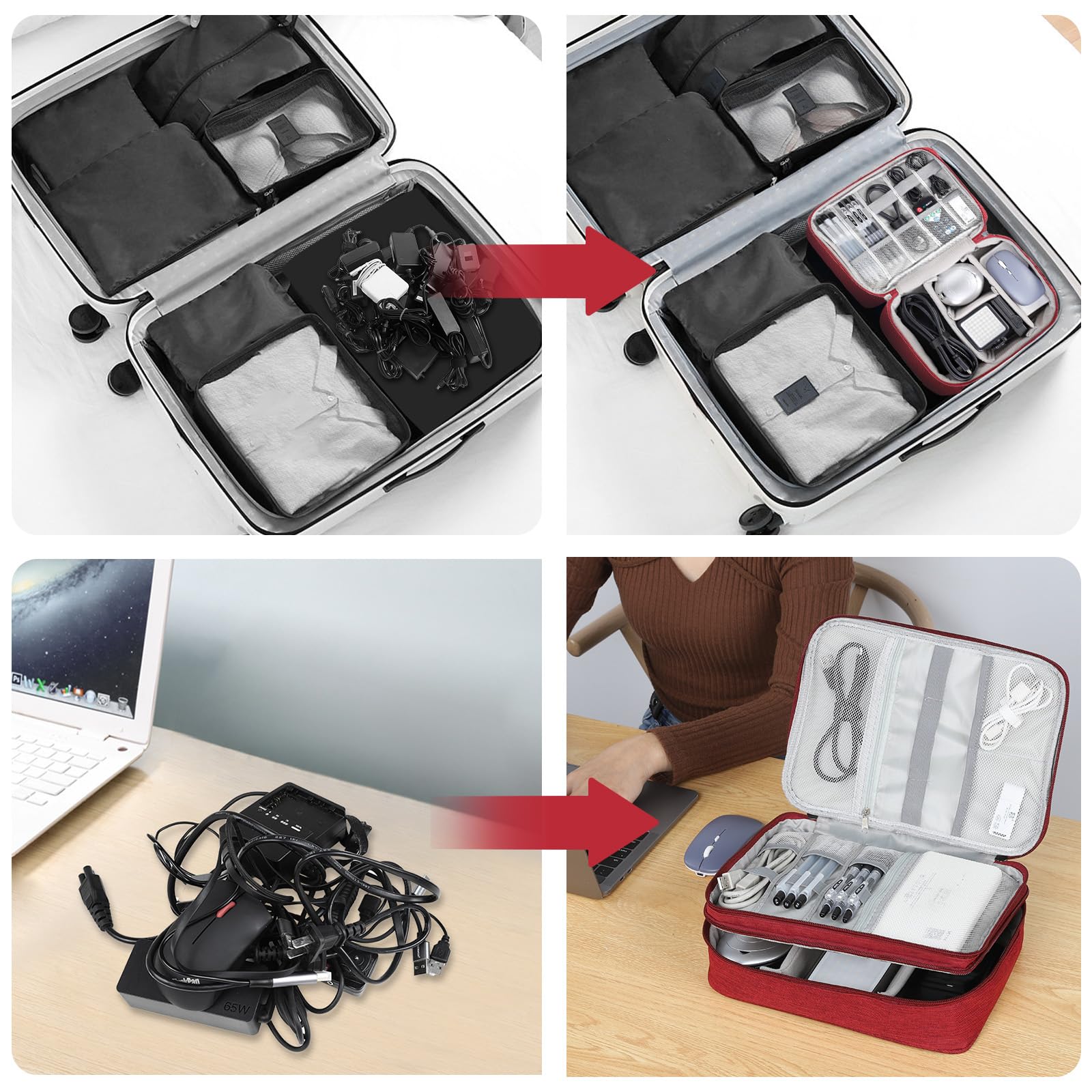 AiQInu Organizer Na Kable Torba Podróżna Wodoodporny Przenośny Organizator Na Kable Do Ładowarki, Pamięci USB, Słuchawek, Powerbanku, Dysku Twardego, Karty SD, Czerwone WinO - 3 Warstwy