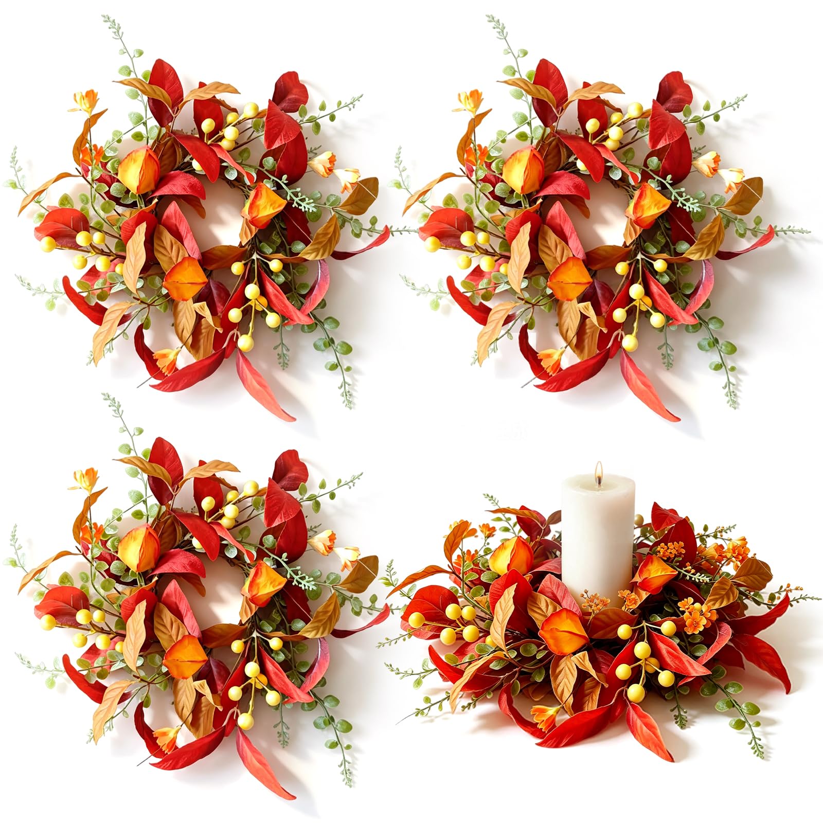 4 PCS Fall Candle Ring Wreaths Artificial Autumn Candle Holder Wreath