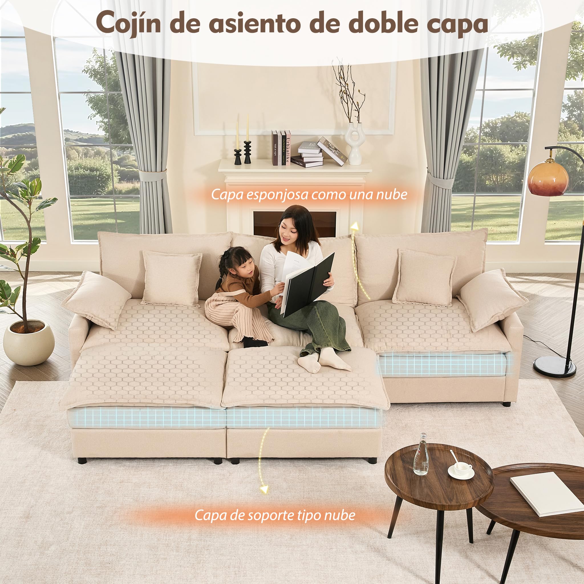 274 cm Sofá Modular en Forma de U,Set of sofá de Esquina de 3 plazas con Taburete, diseño de Asiento Profundo, sofá Nube para Sala de Estar (Blanco Roto)