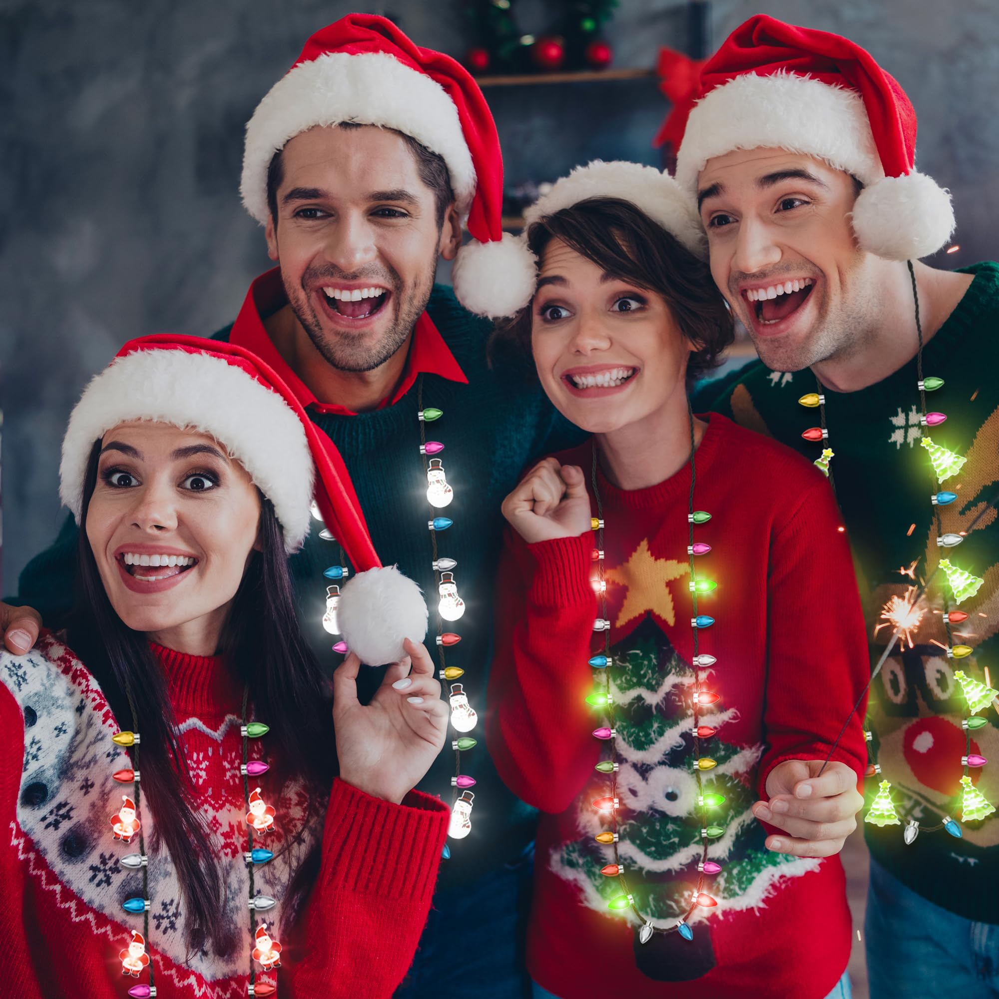 20 collares de Navidad iluminados, 4 tipos de collares de Navidad, collares de Navidad intermitentes con colgante de árbol de bulbo de Papá Noel, bastón de caramelo, 3 modos de Navidad, Año Nuevo