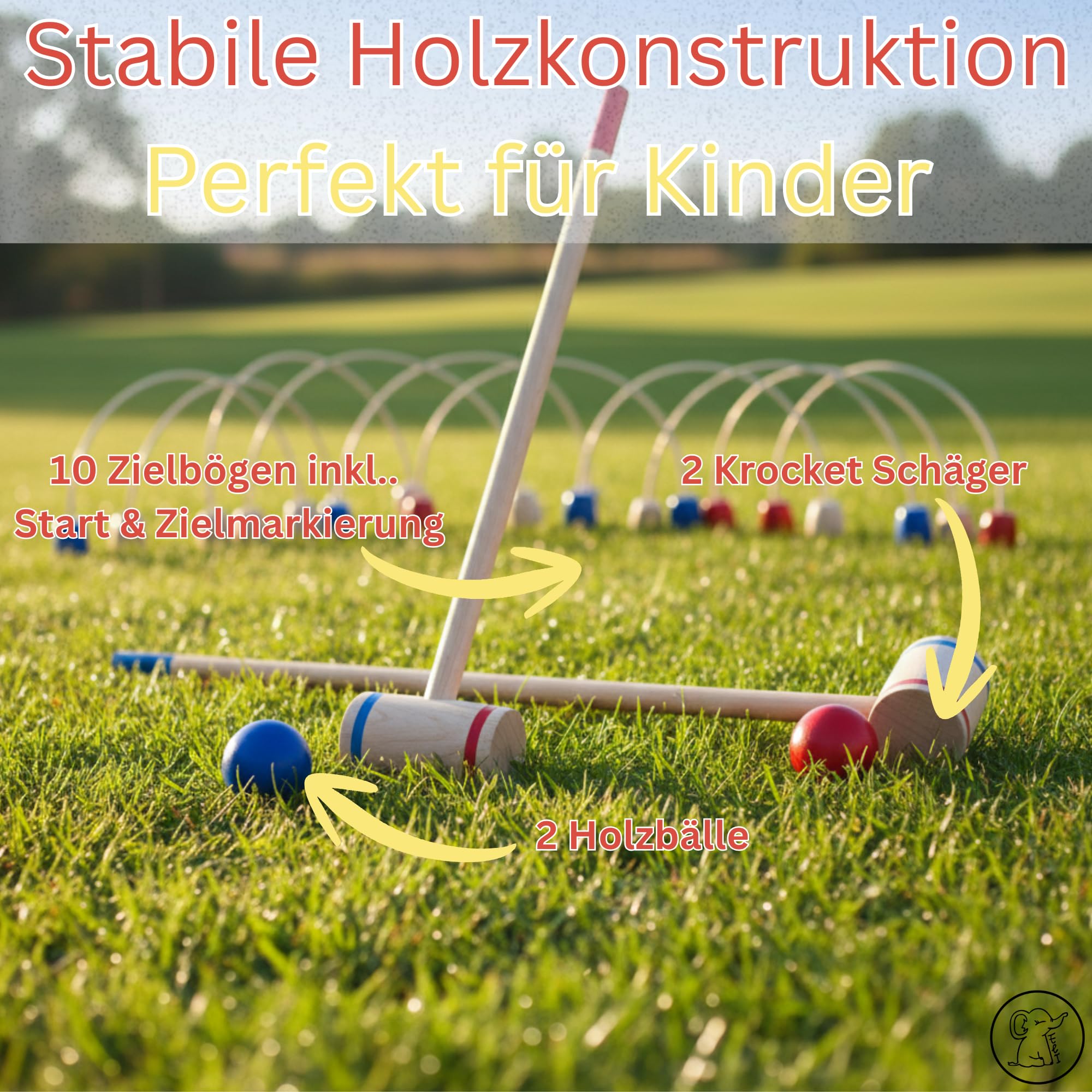 Eli® Jeu de croquet pour enfants avec raquette – Cibles et balles en bois – Kit de crocket pour l'intérieur et l'extérieur – Jouet à partir de 3 ans – Jouet en bois