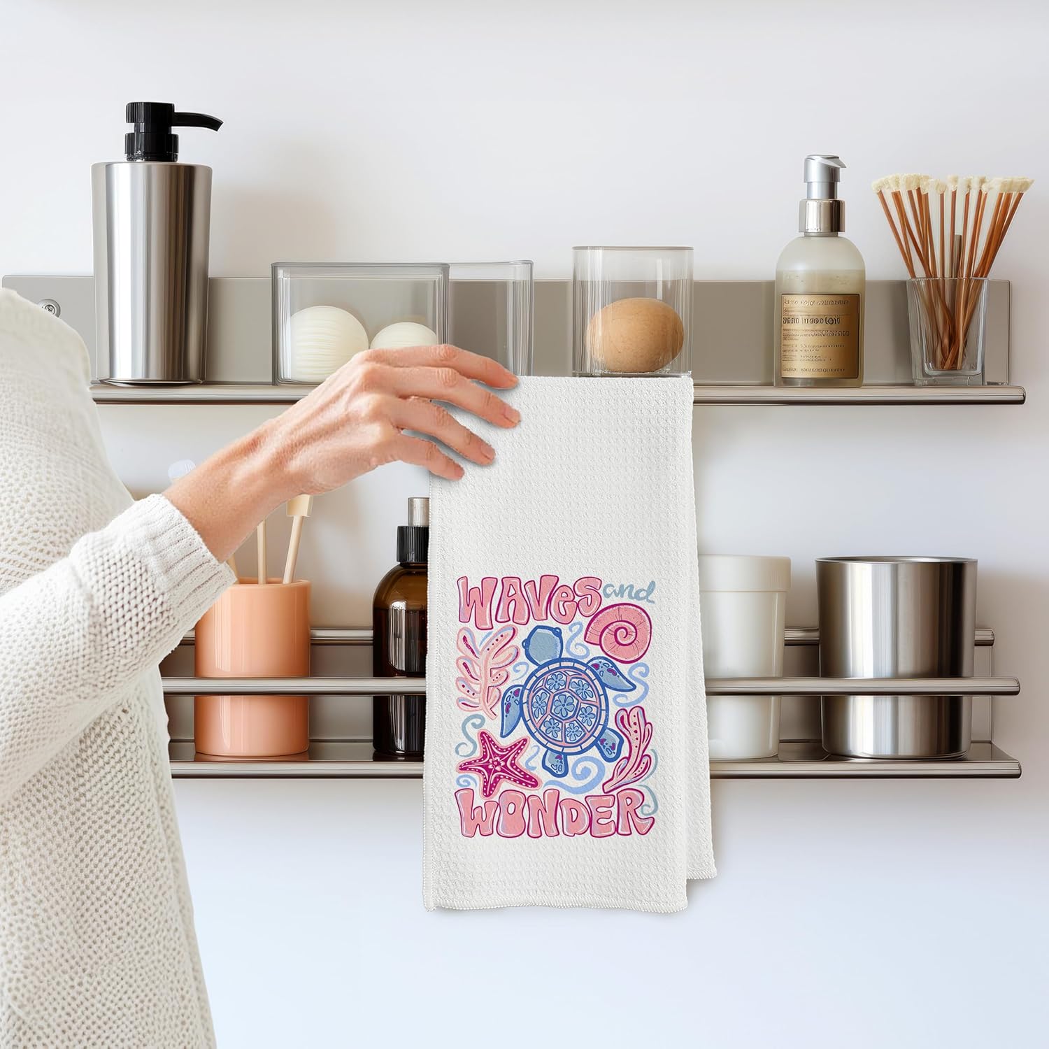 Boho Coastal Turtle Kitchen Towels, Sea Turtle Gifts for Women Dish Tea Towels, Beach Ocean Conch Starfish Decorative Hand Towel for Kitchen Bathroom, 16x24 Inch - Image 6