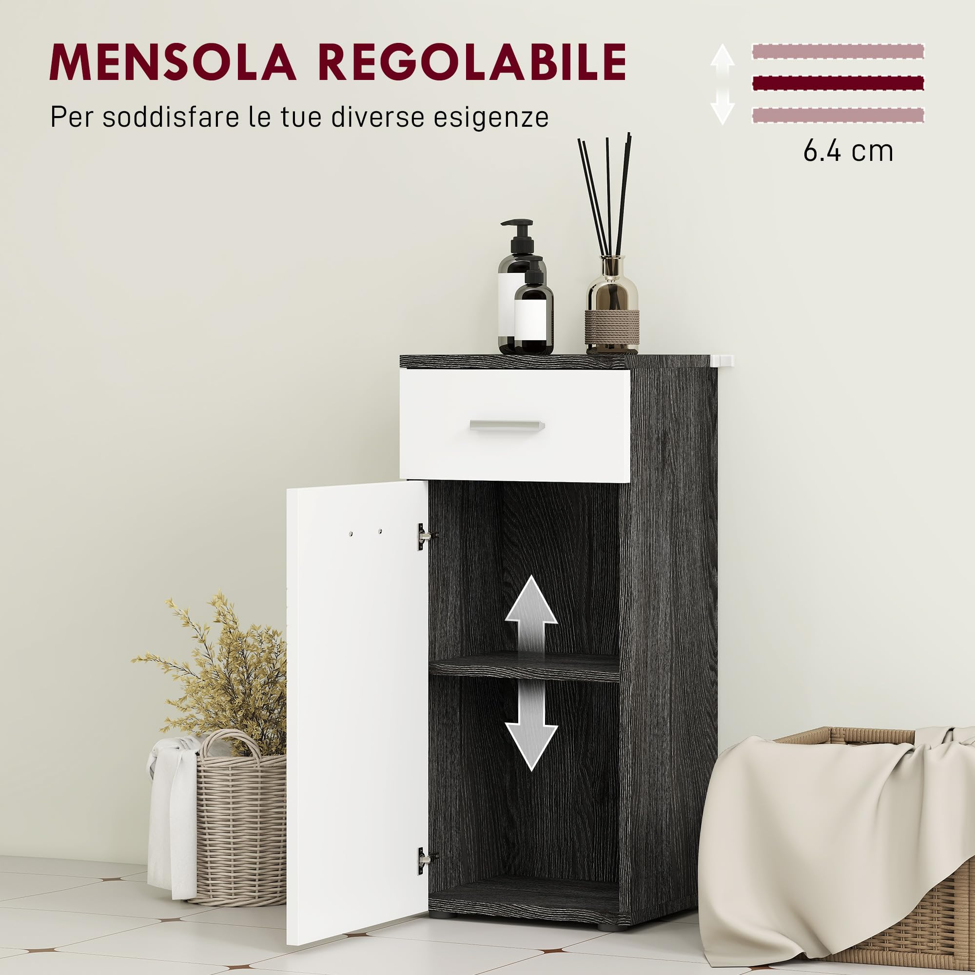 kleankin Mobile Bagno con Cassetto e Armadietto a un'Anta, Mobiletto da Bagno Salvaspazio in Legno, Armadietto per Sala da Pranzo, Salotto, Soggiorno, Cucina, 35x30x77.5 cm, Bianco e Nero