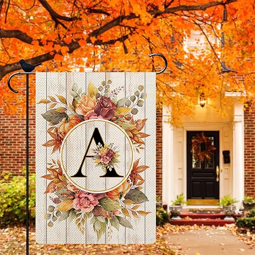 Miniatura 2 de Bandera de jardín pequeña con monograma con letra A, bandera de arpillera para familia, apellido, inicial, 12.5 x 18 pulgadas, bandera floral de