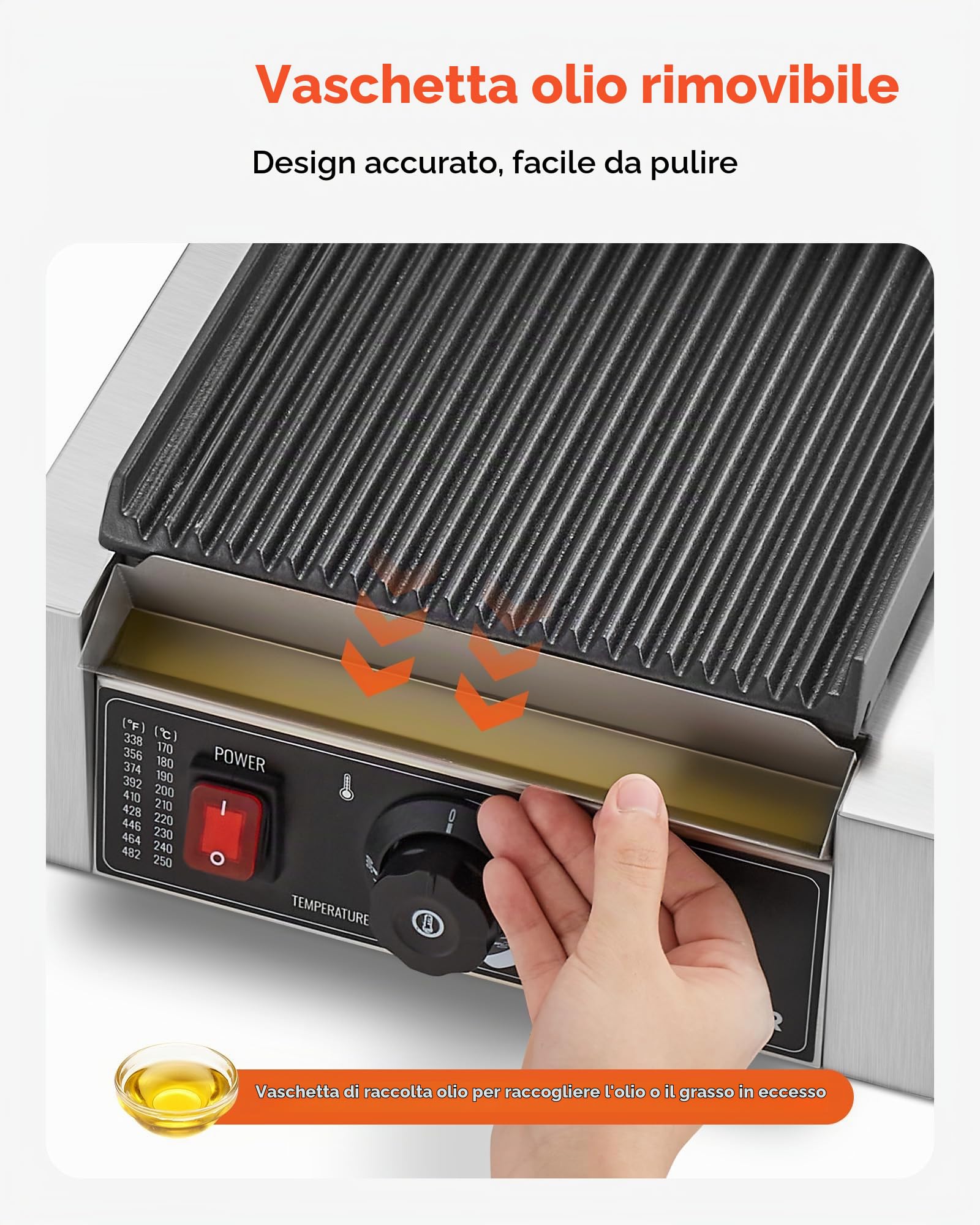 VEVOR Piastra Elettrica per Panini Professionale, 1800 W, in Acciaio Inox con Maniglia e Controllo della Temperatura, Piastra Smaltata Scanalata Piatta da 22 x 23 cm, per Bistecche, Pancetta