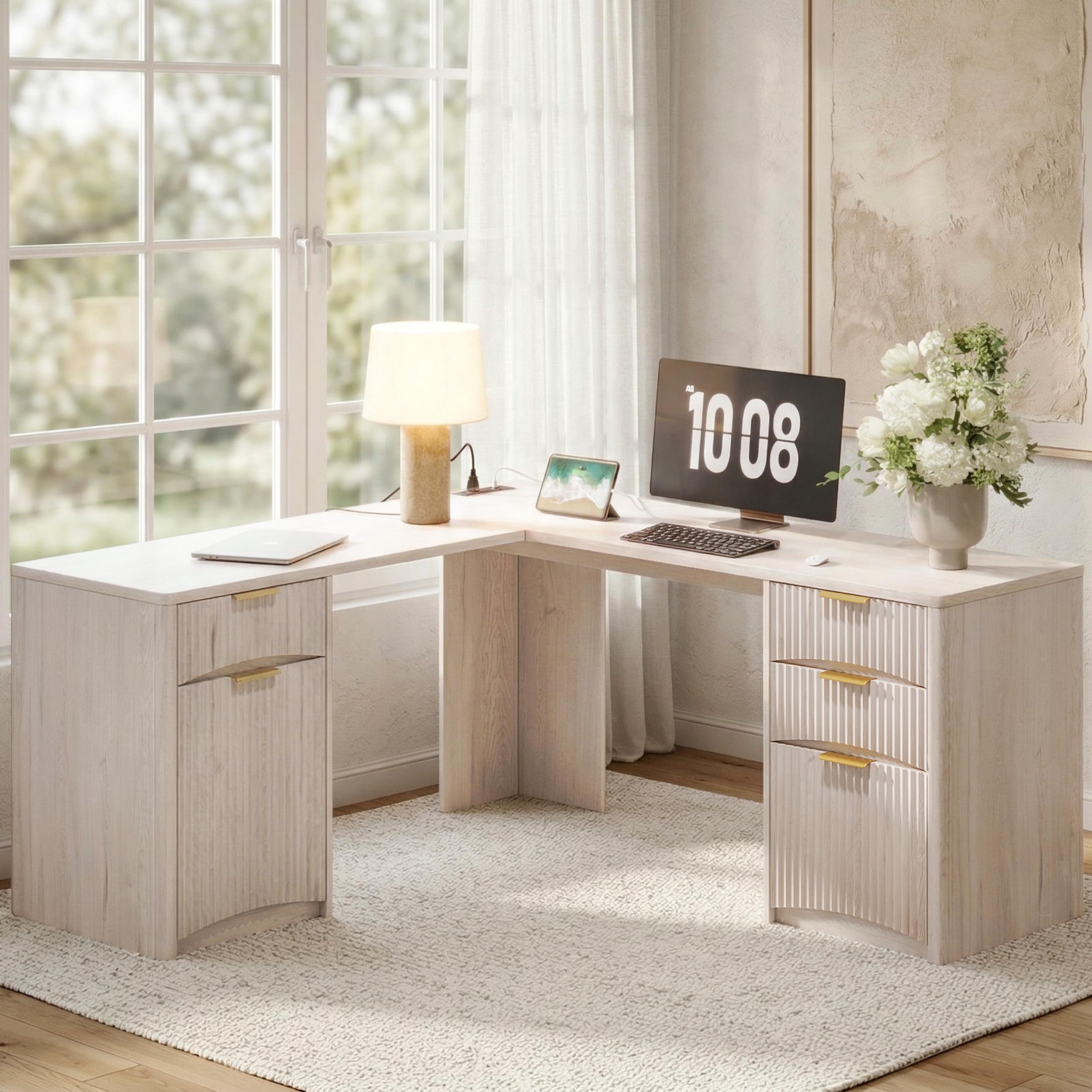 Amazon.com: Whalefall 63'' Fluted L Shaped Desk with Drawers