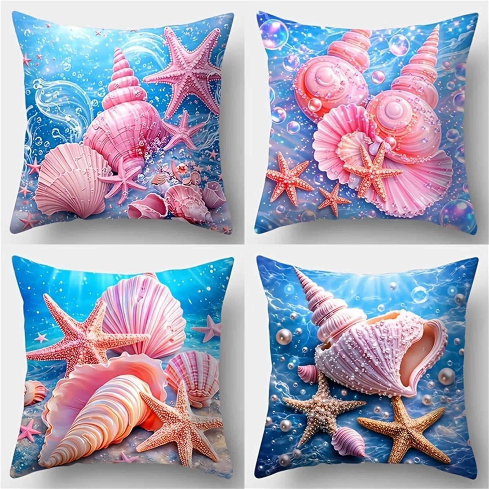 Fundas de Cojines 60x60 cm, Juego de 4 Fundas para Cojines Decorativas de Lino, Concha Marina Océano Verano, Fundas de Almohada para Sofá, Silla y Decoración de Interiores