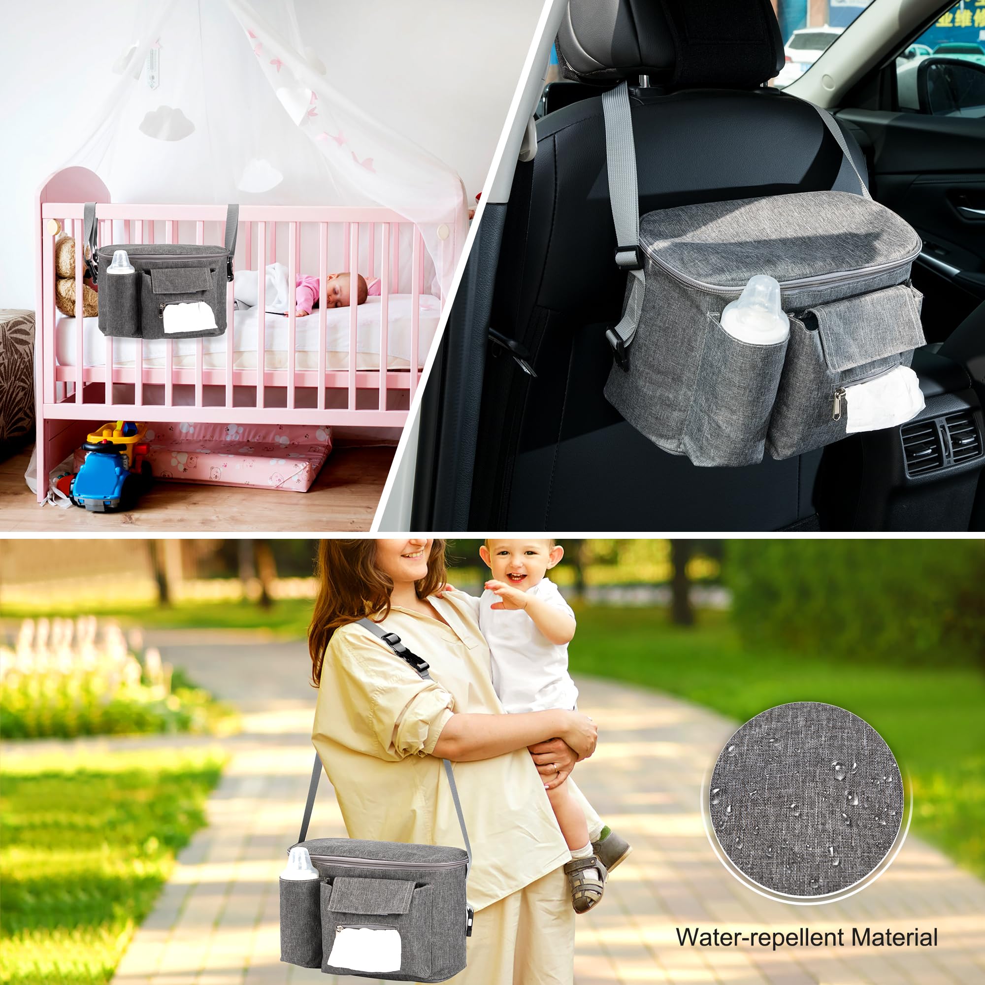 Borsa Organizer per Passeggino Universale con 3 Portabicchieri Borsa Neonato Passeggino con Spallacci Regolabili per Biberon Pannolini Salviette Giocattoli