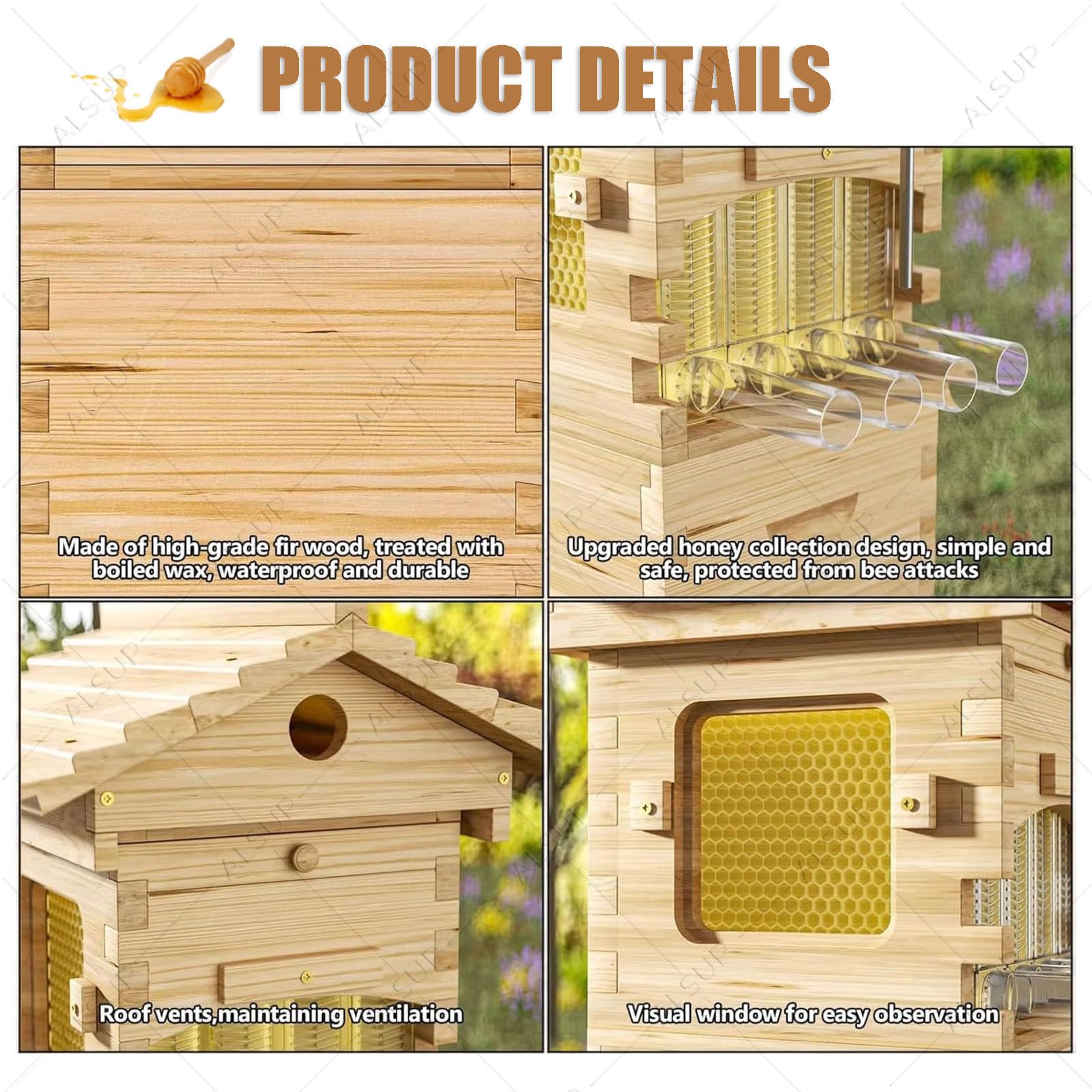 Kit de Inicio de Colmena de Abejas Autofluyente, Caja de Madera para Apicultura con Ventana de Observación, Marcos Automáticos y Boquilla de Miel para Jardín