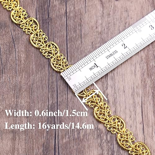 Miniatura 2 de Borde de encaje dorado de 16 yardas trenza metálica para disfraz, bolsa, decoración del hogar