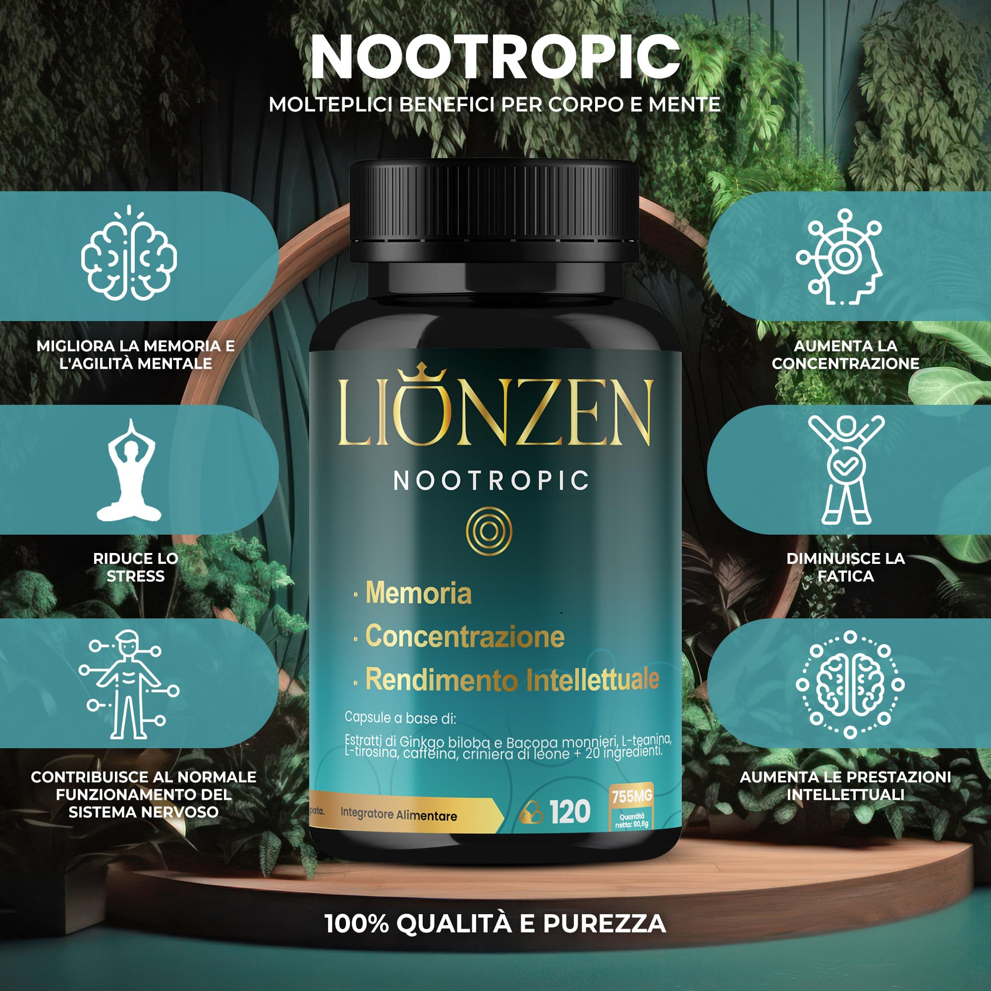 Nootropico concentrato Memoria e Concentrazione | +23 ingredienti naturali: Bacopa, Ginkgo Biloba, Caffeina, Hericium Erinaceus, Vitamine, Magnesio, L-Tirosina, Ashwagandha, Ginseng