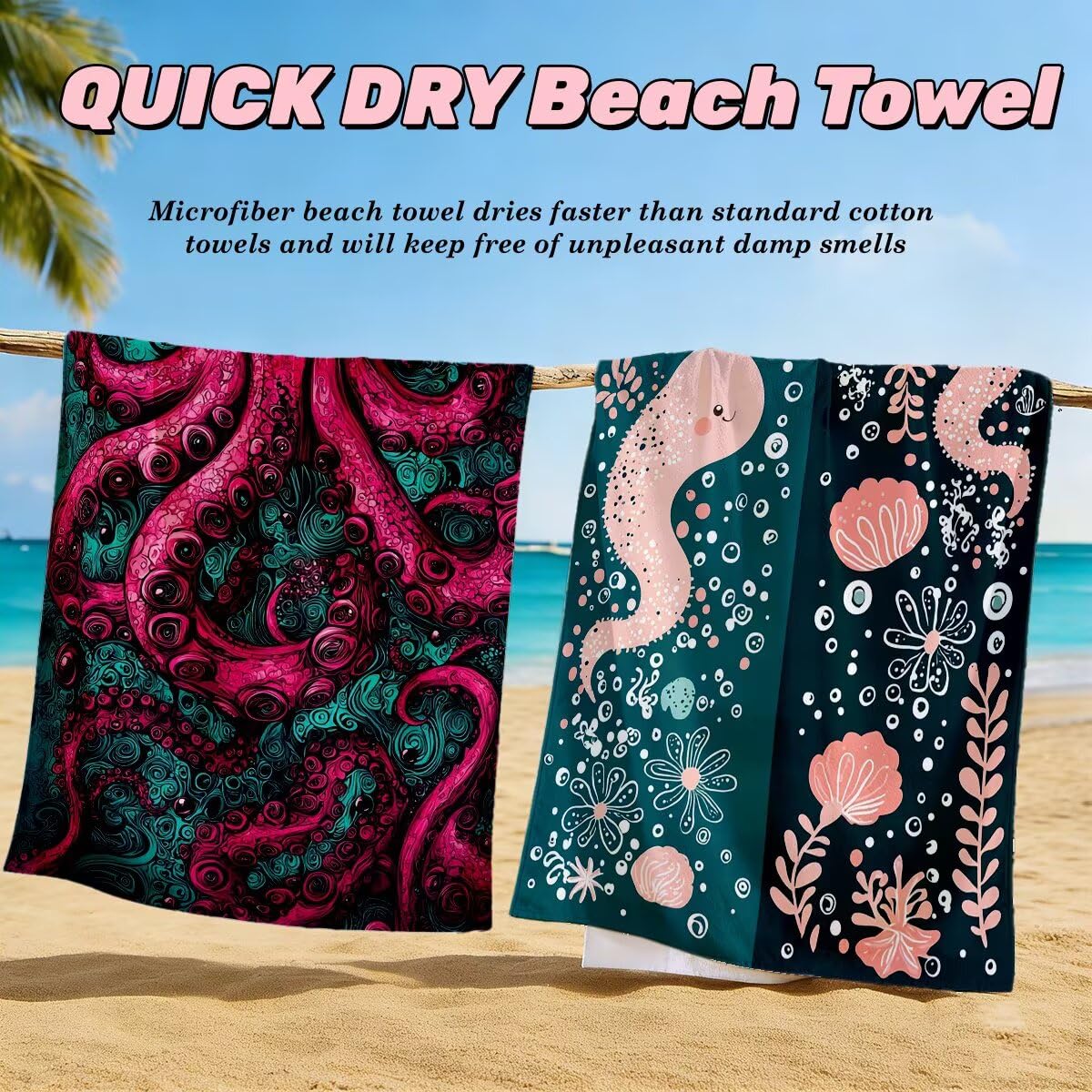 Toalla Playa 80x160 cm, Toalla Gimnasio Microfibra Secado Rapido, Juego de 2 Antiarena Toallas de Playa, Ligera Compacta Toallas Microfibra Grande para Viaje, Regalo Hombre Regalo Mujer (Pulpo) -4935