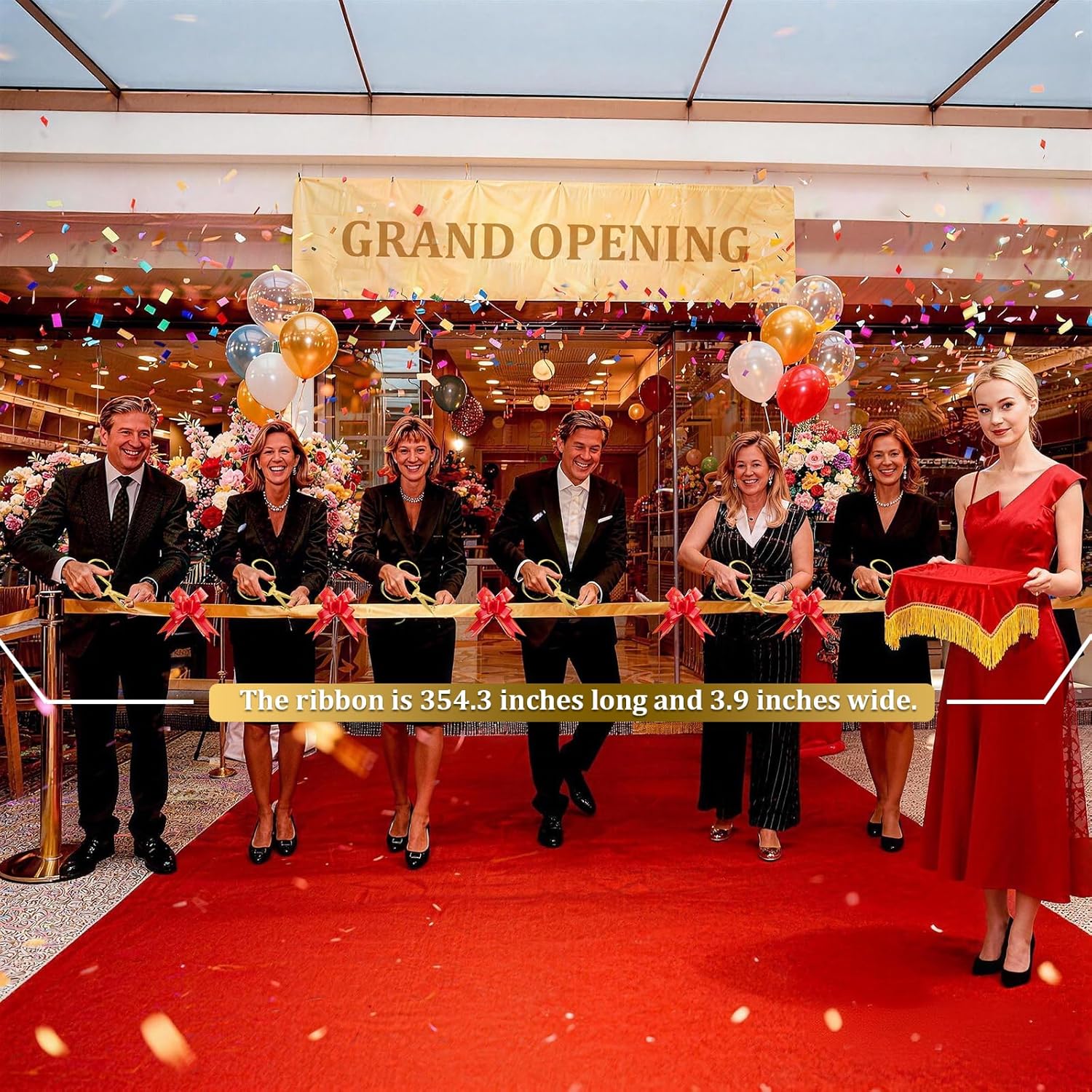 Multi-Person Grand Opening Ribbon Cutting Kit with All Gold Stainless Steel Scissors, Gold Rectangular Tray, Red Cover, Satin Ribbon and Bows For Both Hands (7 Pairs of Scissors - Golden Ribbon)