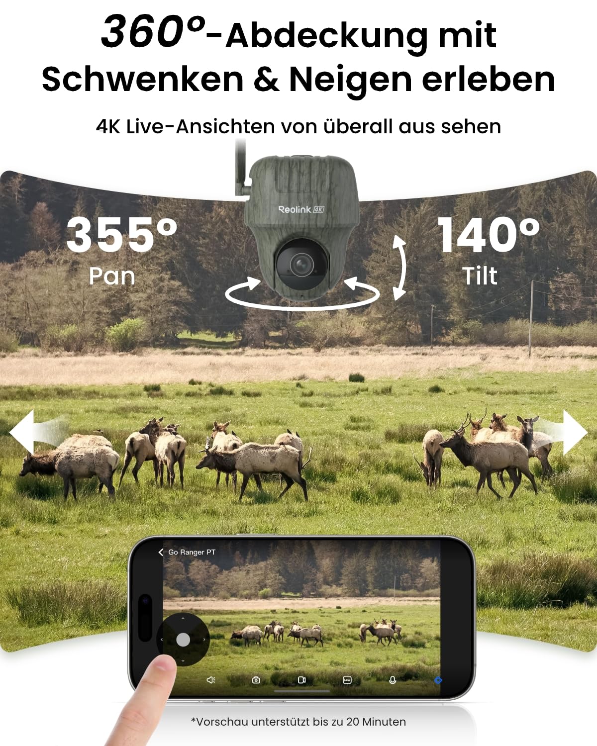 Reolink 4K 3G/4G LTE PTZ Überwachungskamera Aussen mit SIM-Karte, Wildkamera mit Bewegungsmelder Nachtsicht(No Glow), 32GB microSD-Karte, Tieranerkennung, Schnappschuss, Go Ranger PT