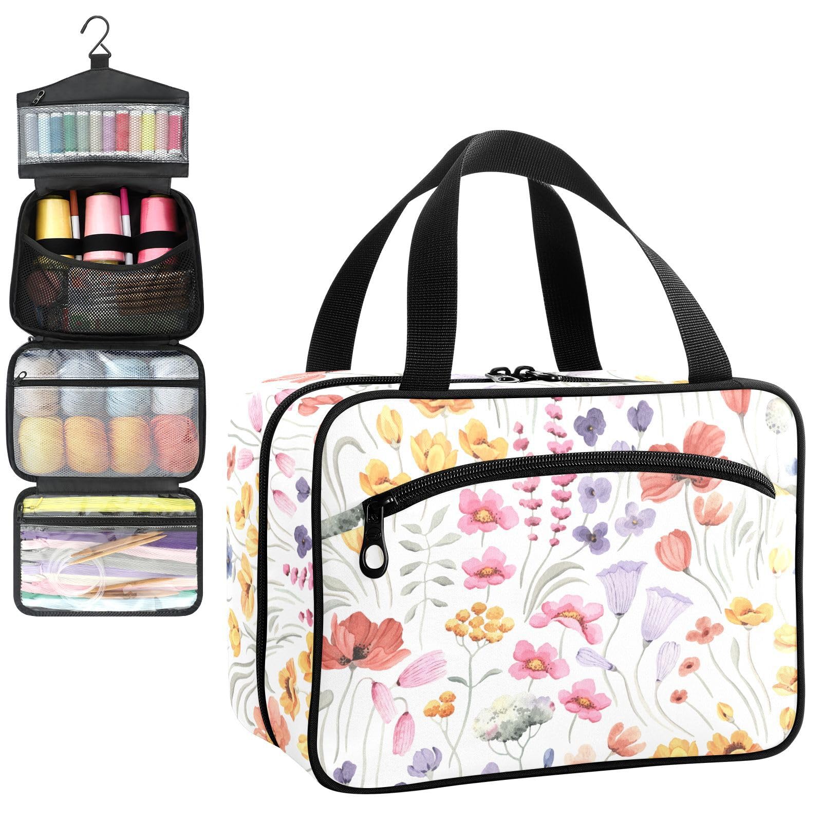 YNNALE Sewing Supply Organizer Bag, Watercolor Floral Colorful Flower Portable Sewing Bags with Pockets&Hanger, Sewing Storage Box Case for Sew Supplies/Kit/Tools/Accessories (BAG ONLY)