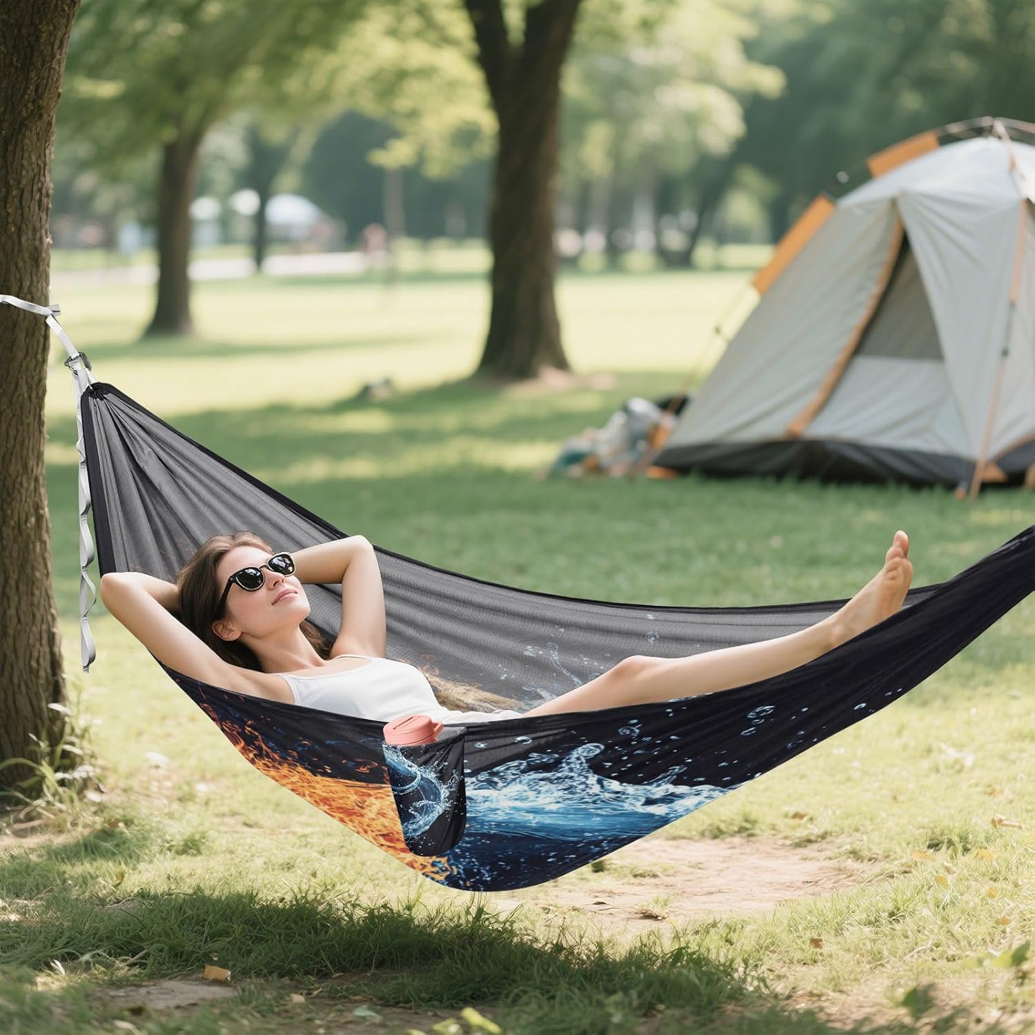 ALAZA Basketball Water and Fire Camping Hammocks Single or 2 Person 500 lbs Portable Parachute Travel Hammock w/Tree Straps for Hiking Backpacking Indoor Outdoor