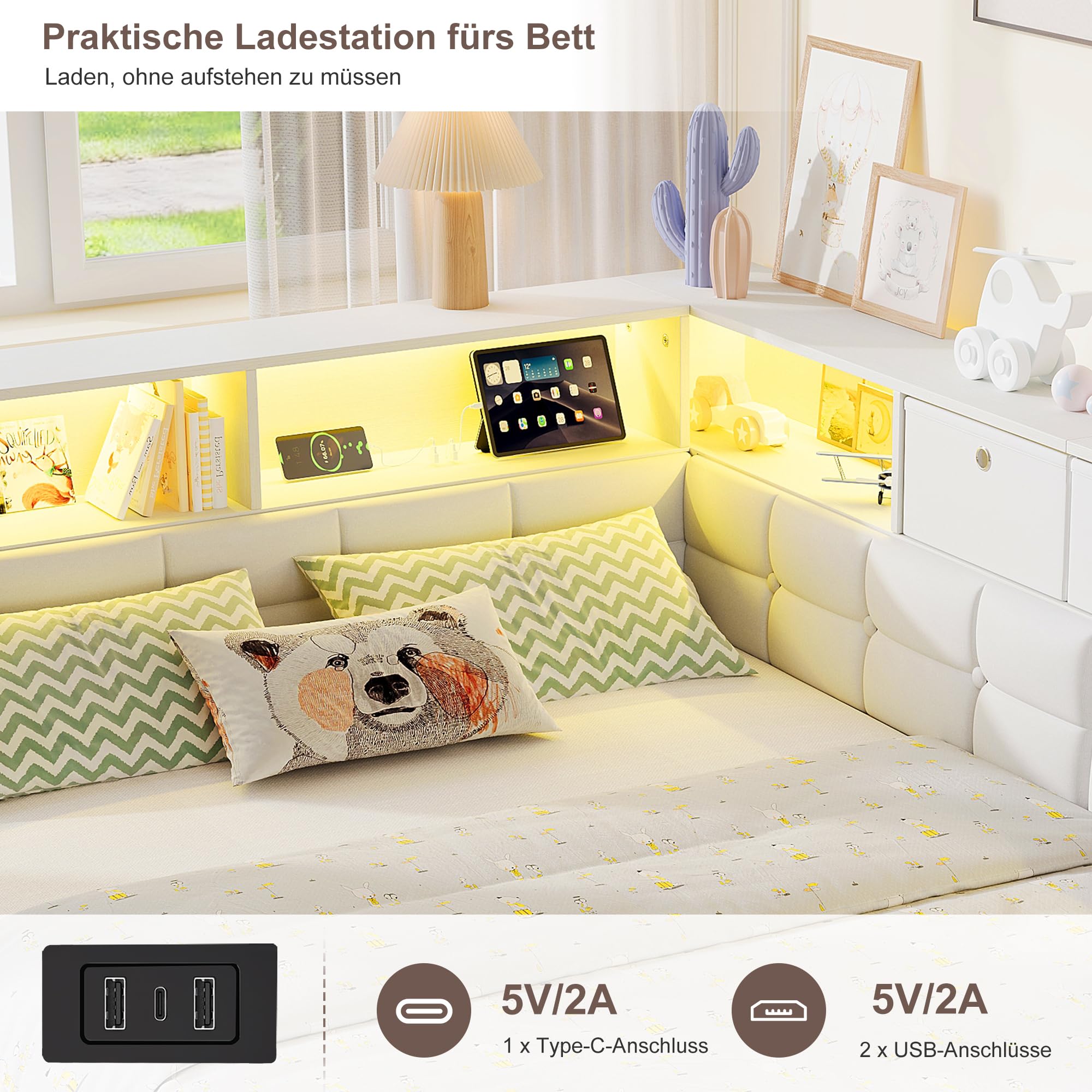 Divano letto imbottito, 140 x 200 cm, con vano portaoggetti, LED e
