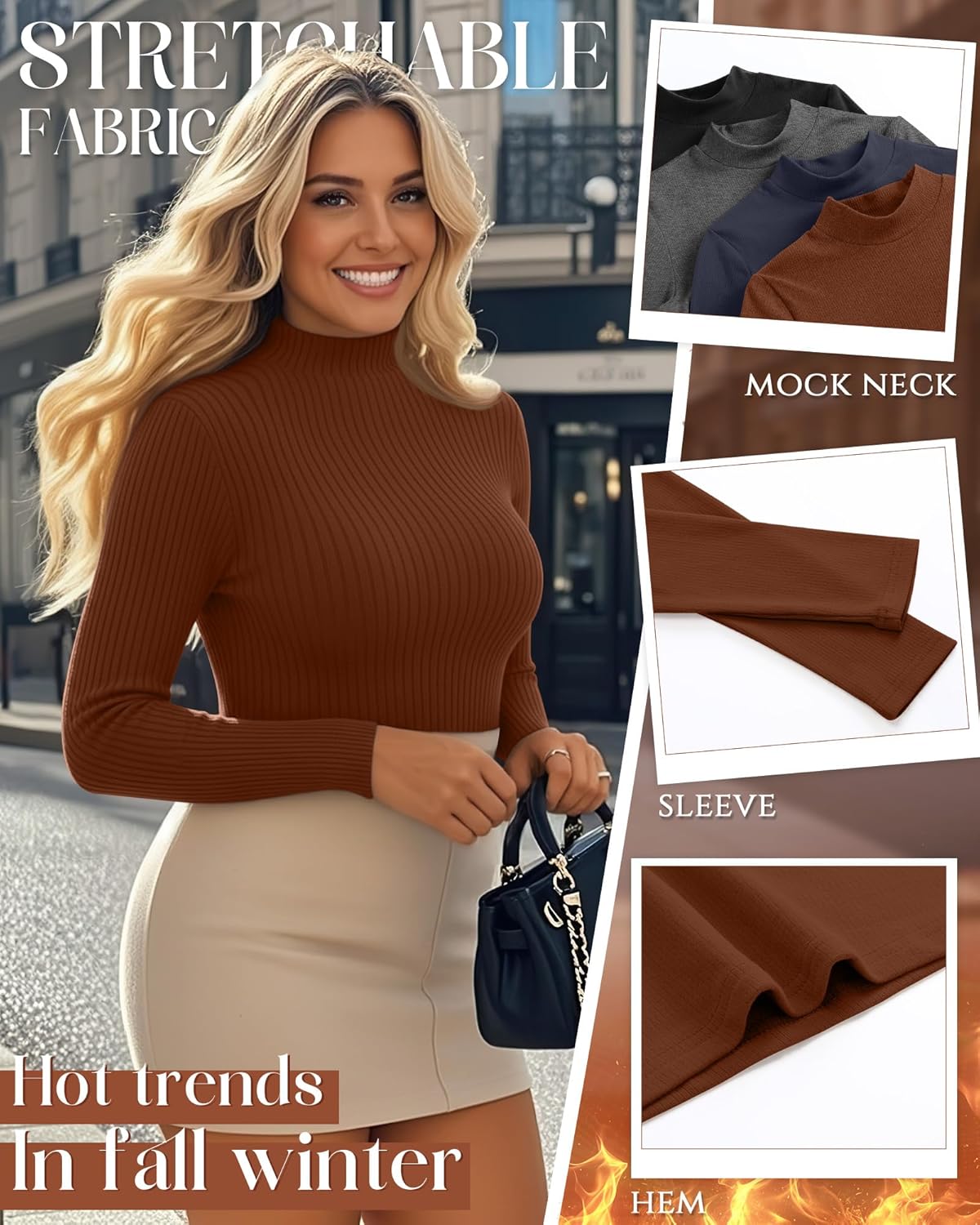 4 Pack Women's Plus Size Mock Turtleneck Tops Thermal Fleece Ribbed Long Sleeve Cotton Fitted Shirts Layer Sweater - Image 4