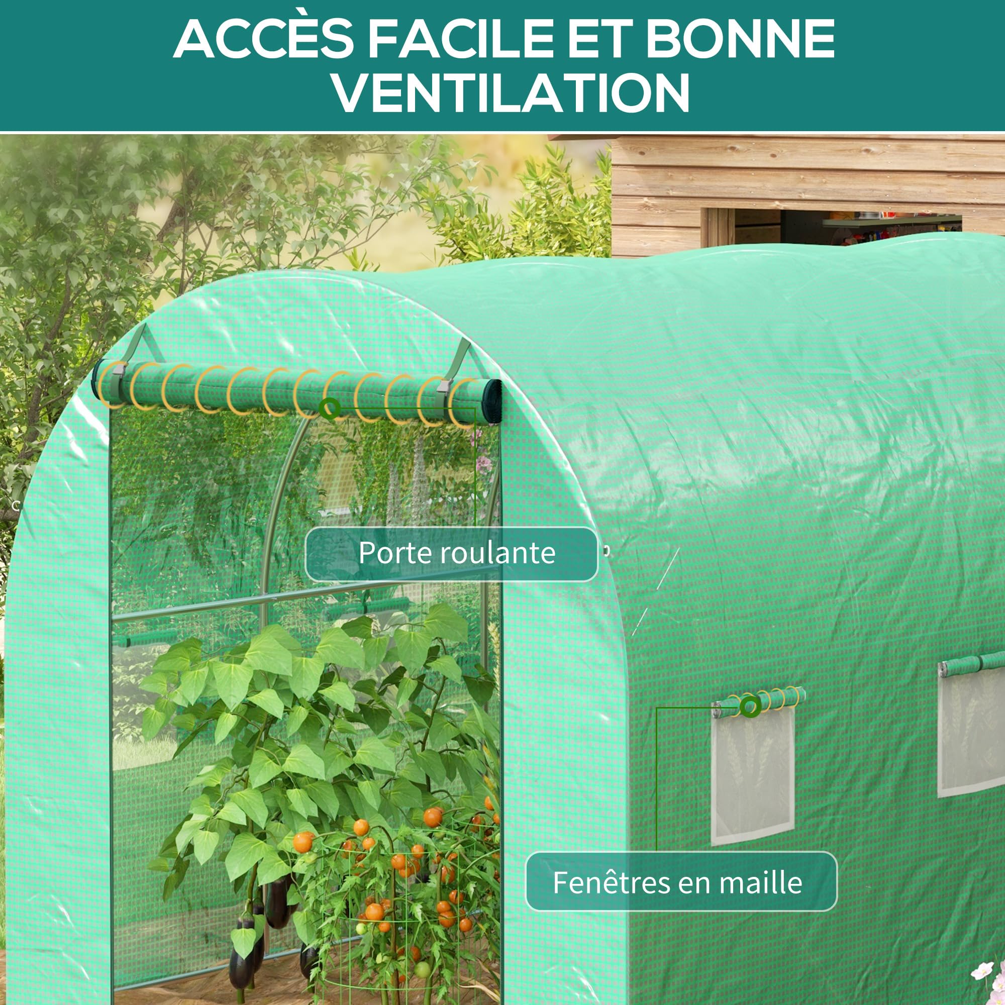 Outsunny Serre de Jardin Tunnel 6 m² Serre à tomates avec système d'arrosage intégré 3L x 2l x 2H m Acier renforcé + PE Haute densité 140 g/m² 6 fenêtres Porte Enroulable Vert