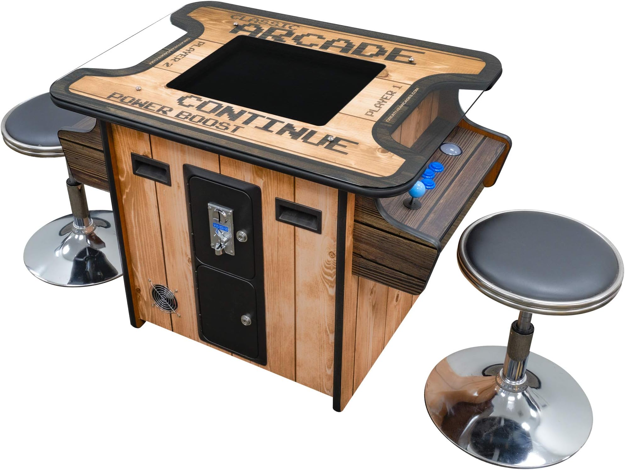 Creative Arcades Full Size Commercial Grade Cocktail Arcade Machine | 2 Player | 412 Games | 19" LCD Screen | Square Glass Top | LED Lights | 2 Sanwa Joysticks | 2 Stools Included | 3 Year Warranty