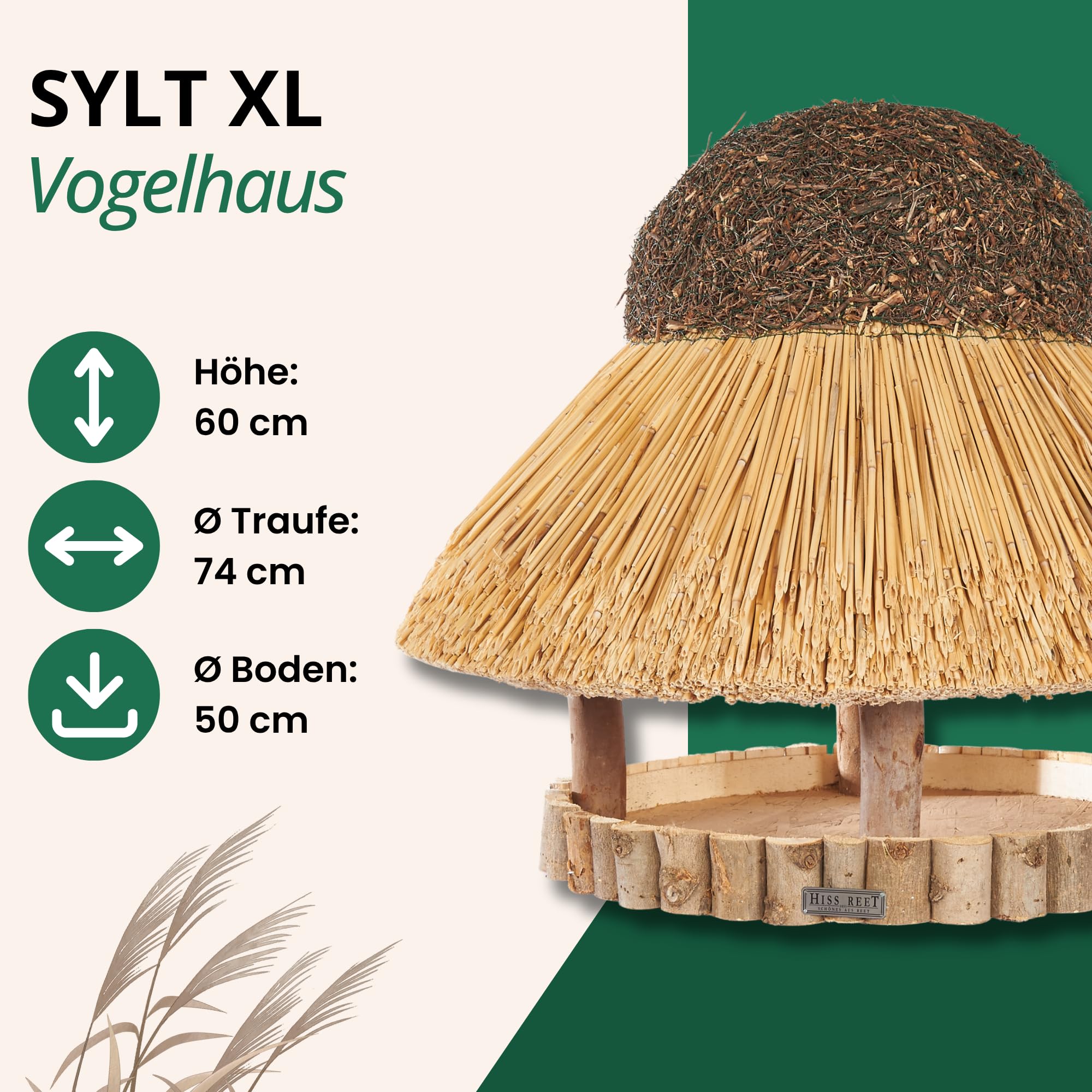 Vogelfutterhaus, Vogelhaus - mit Reetdach I Futterhaus für Vögel aus Eukalyptus Holz I Sylt I ideal für Balkon und Garten I wetterfest (XL - ca. 74 cm Traufe)