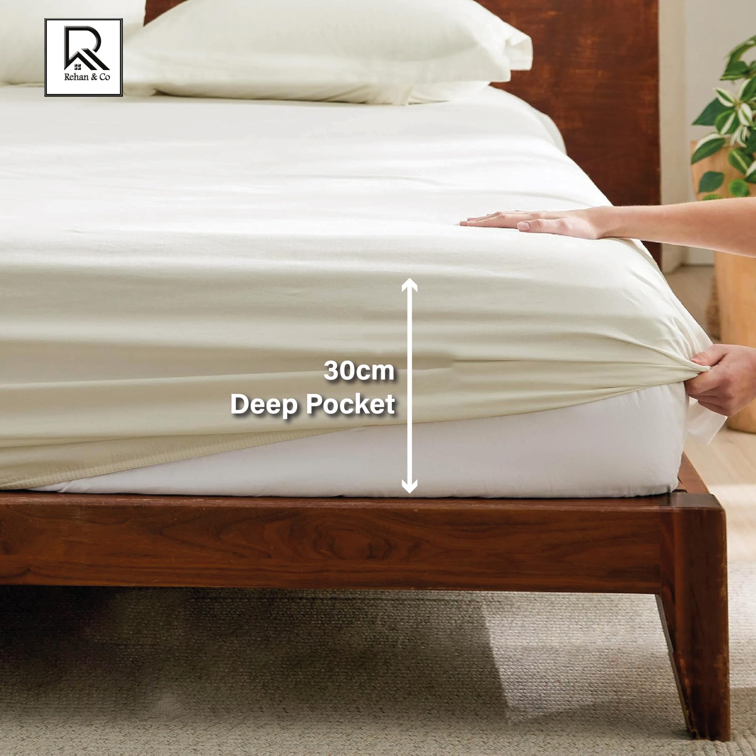 Rehan & Co 100% Egyptian Cotton Fitted Sheets 300 Thread Count Breathable Hotel Qulaity Bedding 12” / 30cm Deep Fitted Bed Sheet. (Cream Fitted Sheet - Image 4