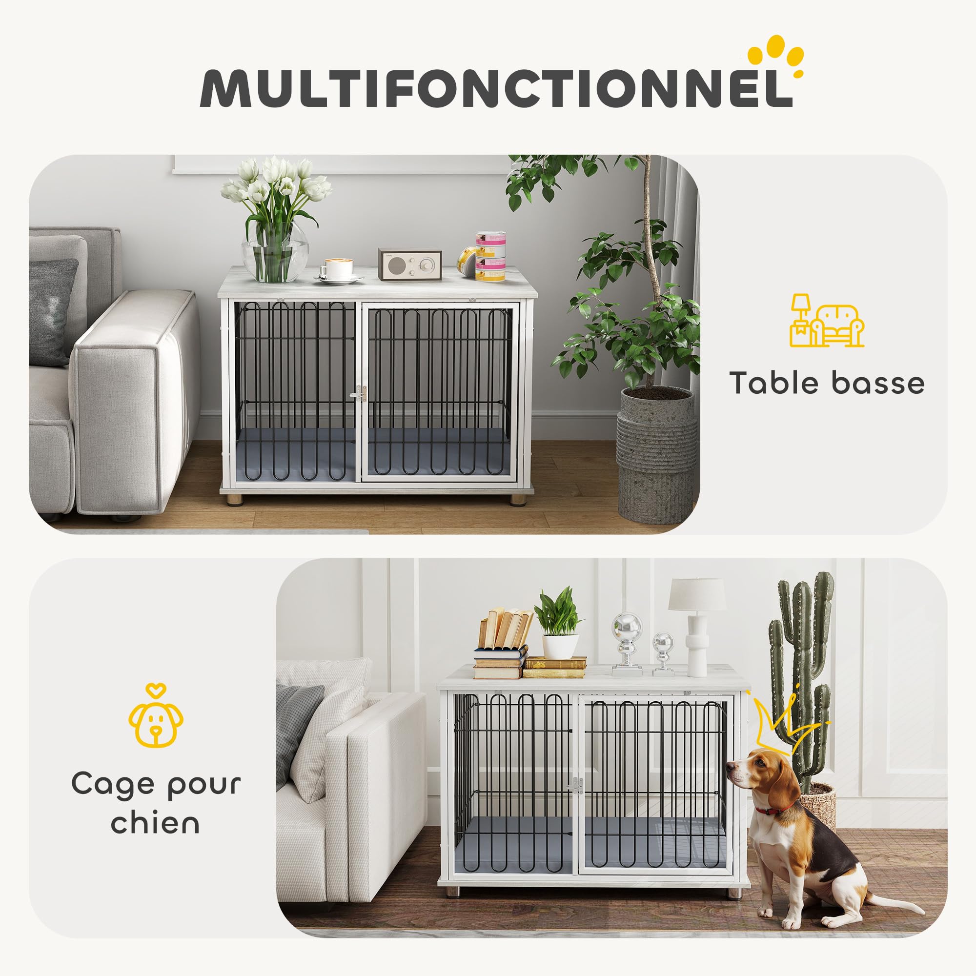 PawHut Cage pour Chien, Meuble Cage Chien intérieur avec Coussin, Pieds réglables, Table d'appoint, Fil d'acier Solide, pour Chiens Moyens jusqu'à 20 kg, 90 x 58 x 62,5 cm, Gris