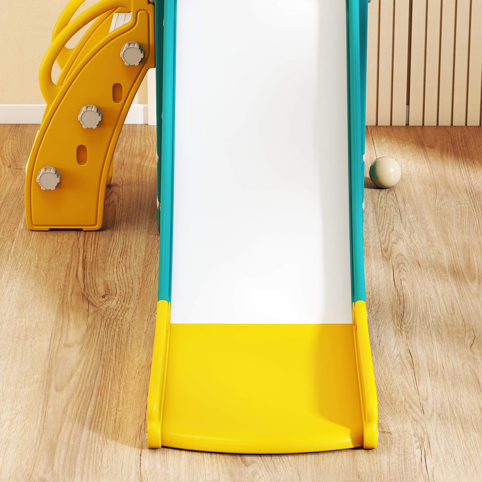 AIYAPLAY Set Scivolo per Bambini 5 in 1 con Canestro, Scaletta, Telescopio Giocattolo e Contenitori, Giochi per Bambini da Interno ed Esterno Età 1-3 Anni, Giallo