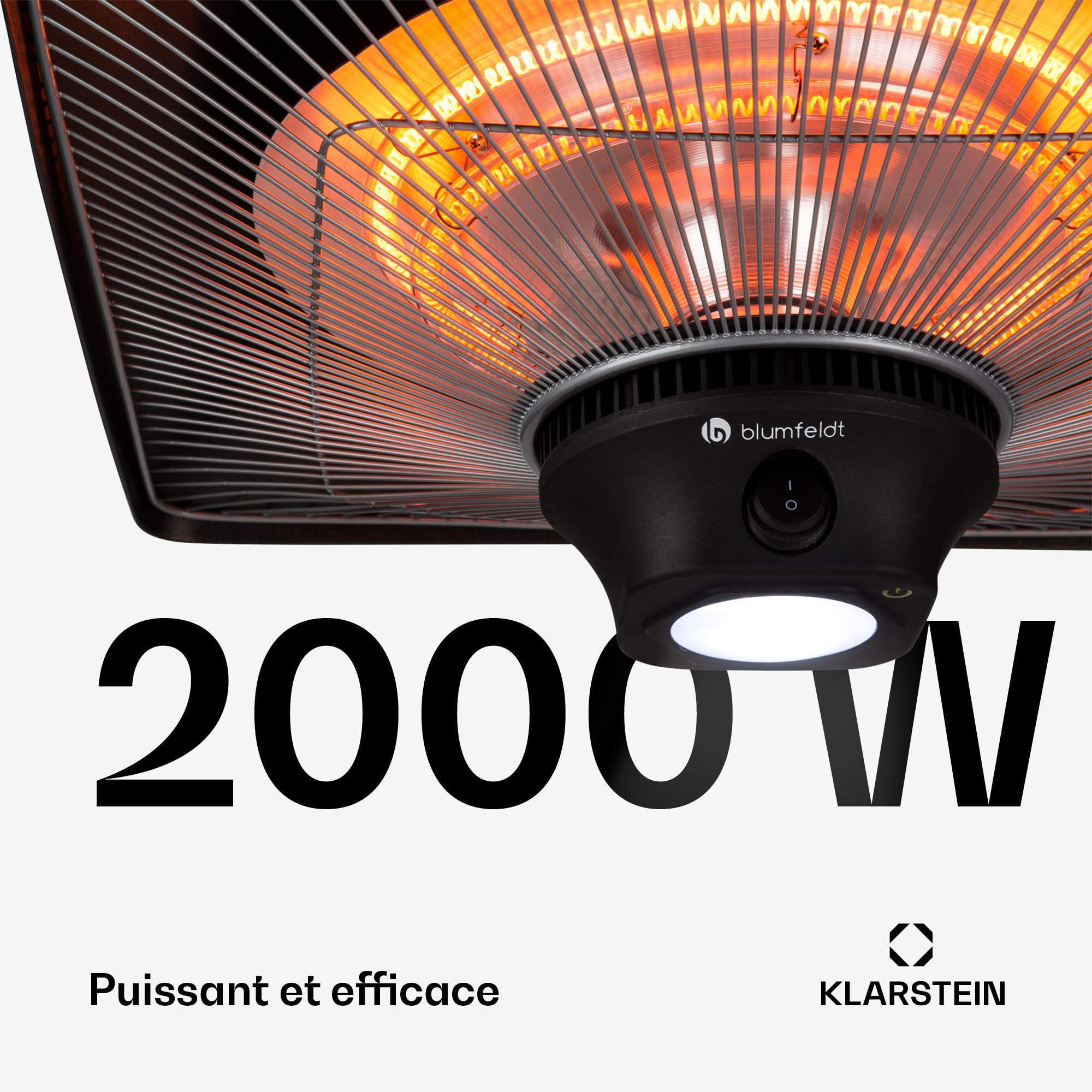 Blumfeldt Chauffage Electrique Suspendu à Infrarouge, Chauffage de Jardin 2000W, Exterieur Terrasse en Fibre de Carbone à 2 Températures, IP24 pour Veranda, d'Appoint Econome