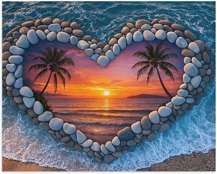 Shiartex Heart Shaped Stone Beach Sunset Canvas Wall Art, Romantic Coastal Theme Wall Decor for Living Room Bedroom Bathroom Office Home Decor, 20x16 Inch