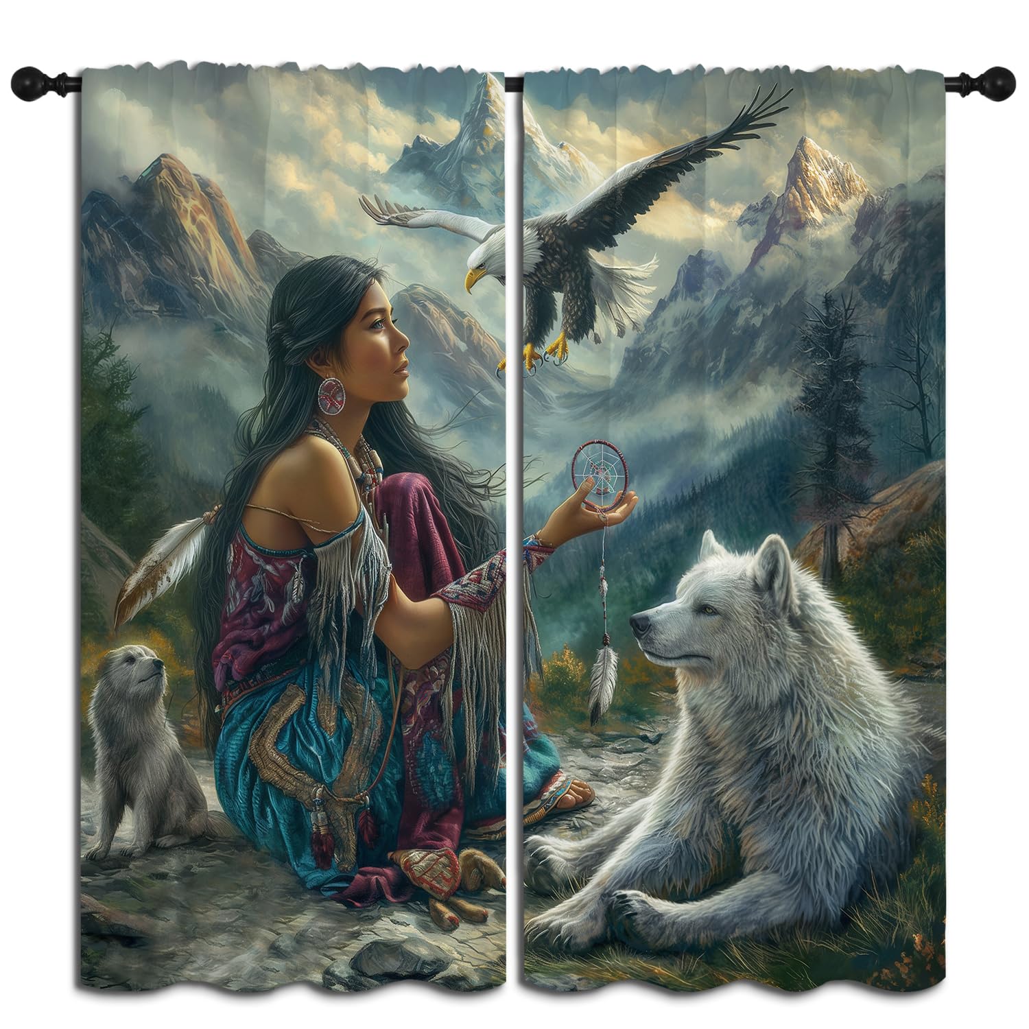 PYMATYTN Dream Catcher Blackout Curtains for Boys Girl Bedroom Decor,Wolf Girl Bald Eagle Nature Landscape Thermal Insulated Rod Pocket Drapes