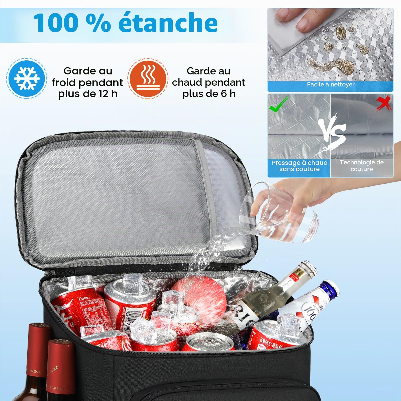 NUBILY 30L Sac a Dos Isotherme a Glacière Sac Pique-Nique Imperméable Grand Sac Isotherme Repas Lunch Box Camping Barbecue Trekking Noir