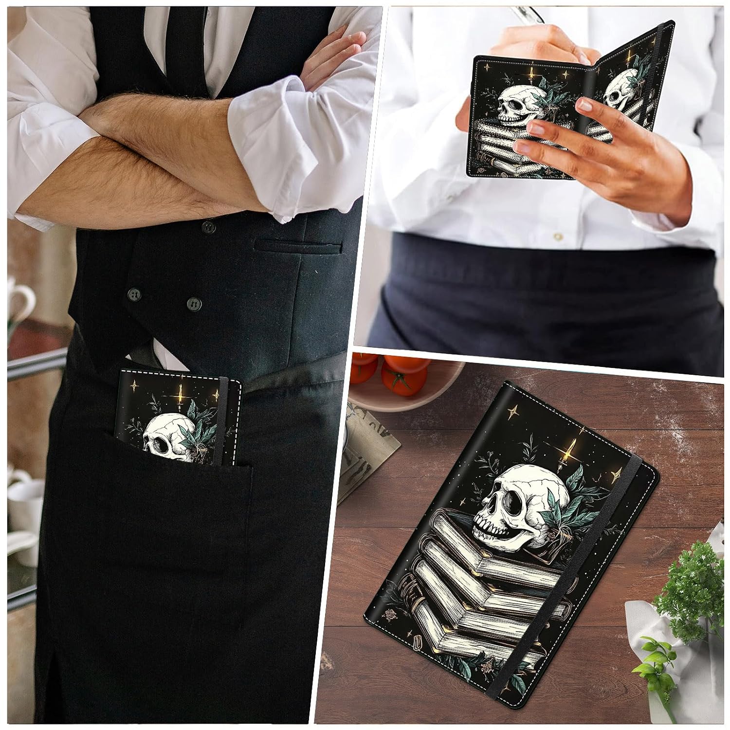 Server Book for Waitress & Waiter 9" x 5" Serving Books PU Leather Organizer with Zipper Money Pocket Restaurant Guest Check Book Pen Holder Wallet Note Pads Fit Server Aprons,Skull Books