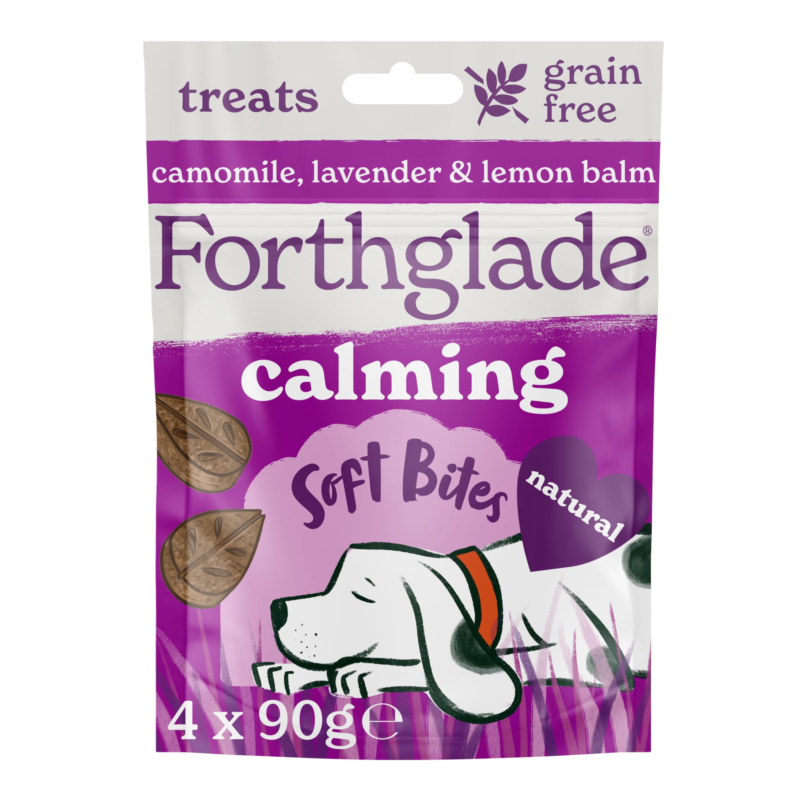 Forthglade Natural Dog Treats (4 x 90g Bags) - Hypoallergenic & Grain Free Calming Dog Treats with Camomile, Lavender & Lemon Balm, Soft Bites, Resealable Bags