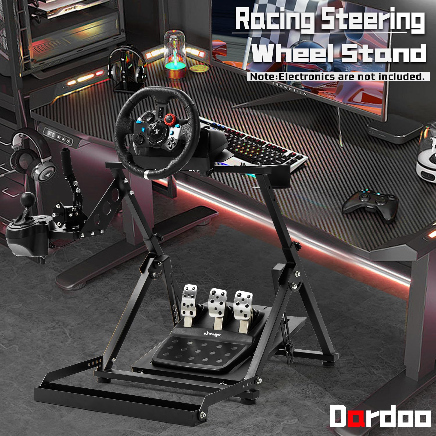 Dardoo X Frame - Soporte plegable para volante de carreras Logitech G25, G27, G29, G920 Thrustmaster T300RS GT, simulador de dirección ajustable, no incluye freno de mano y palanca de cambios